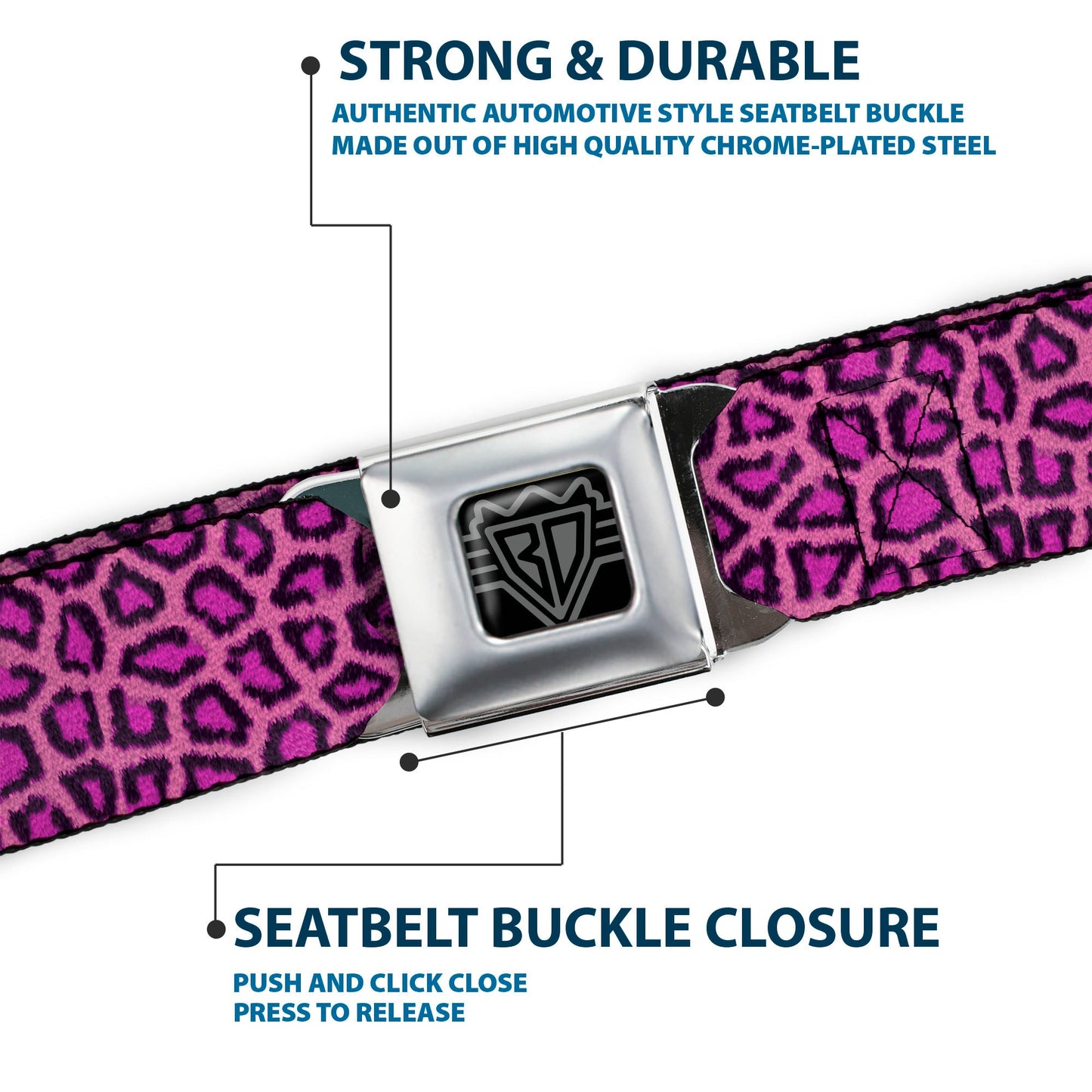 BD Wings Logo CLOSE-UP Full Color Black Silver Seatbelt Belt - Leopard Pink Fuchsia Webbing