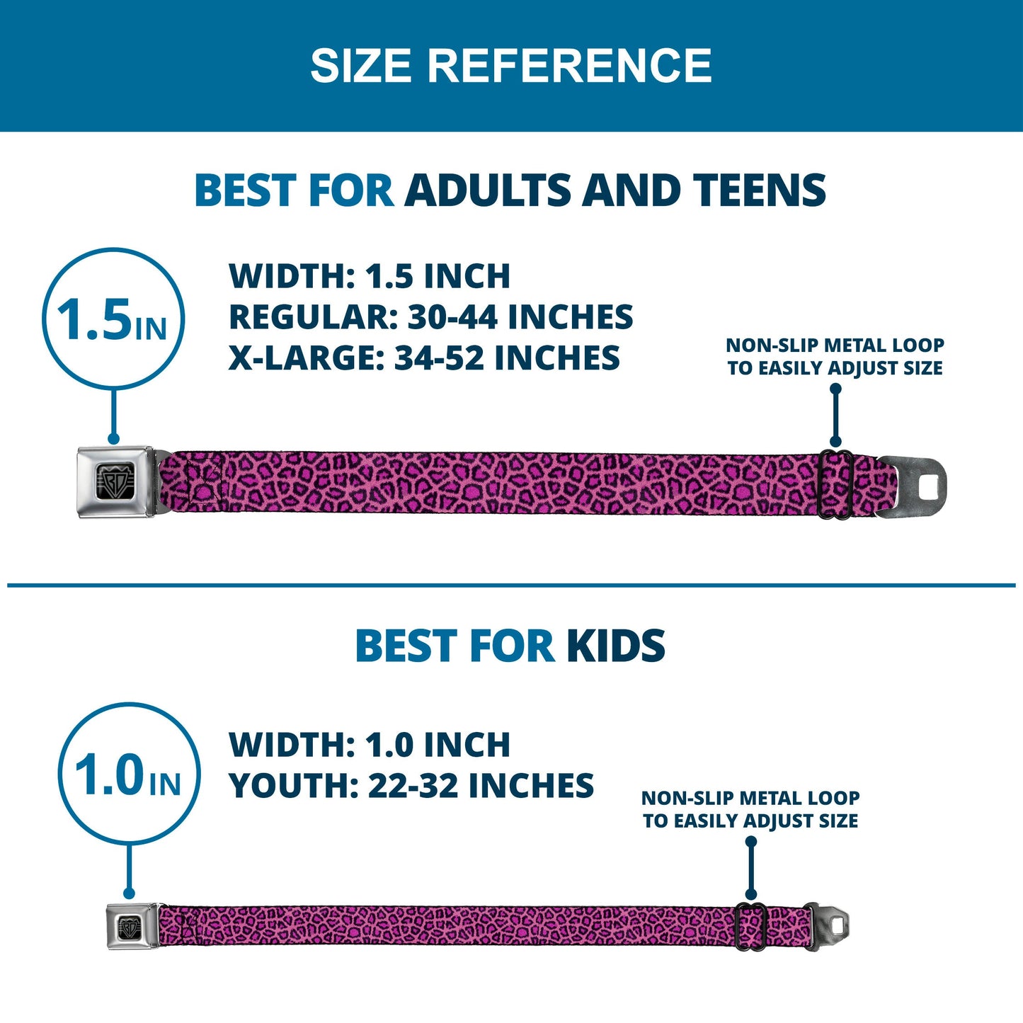 BD Wings Logo CLOSE-UP Full Color Black Silver Seatbelt Belt - Leopard Pink Fuchsia Webbing