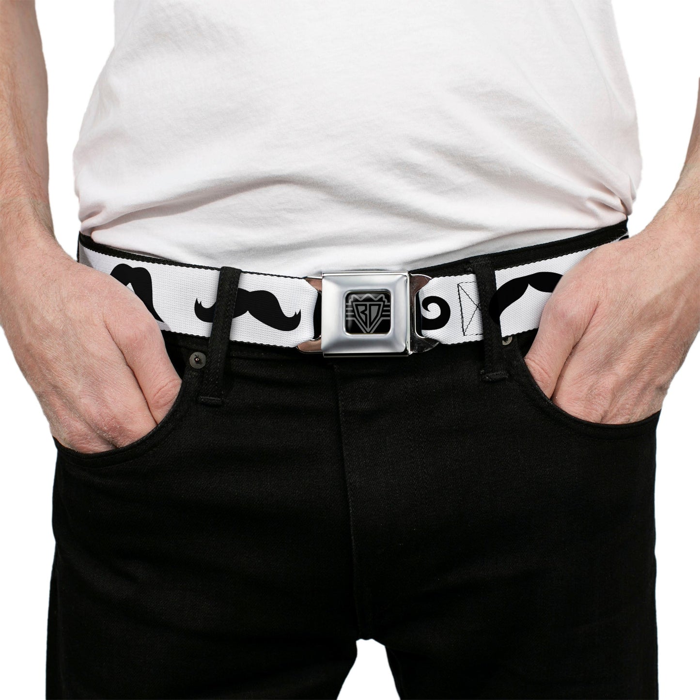 BD Wings Logo CLOSE-UP Full Color Black Silver Seatbelt Belt - Mustaches Straight White/Black Webbing