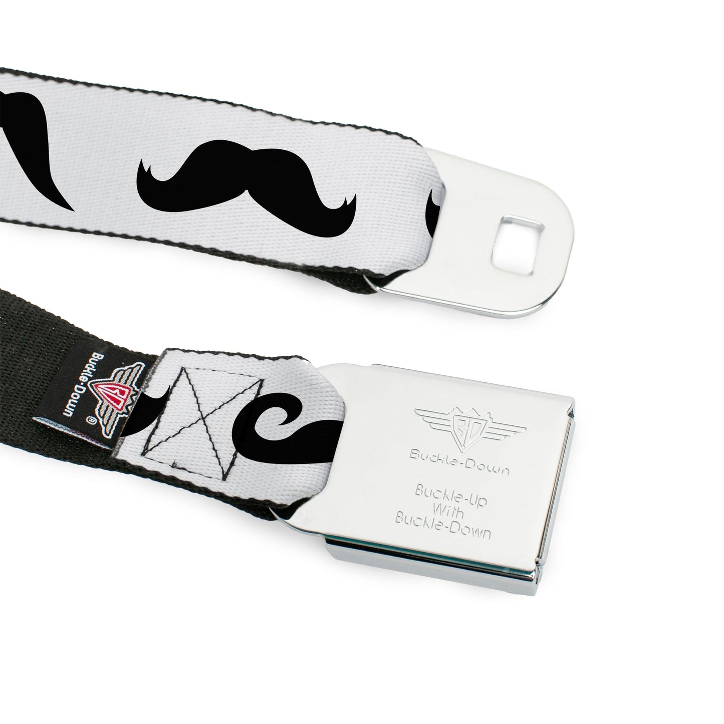 BD Wings Logo CLOSE-UP Full Color Black Silver Seatbelt Belt - Mustaches Straight White/Black Webbing