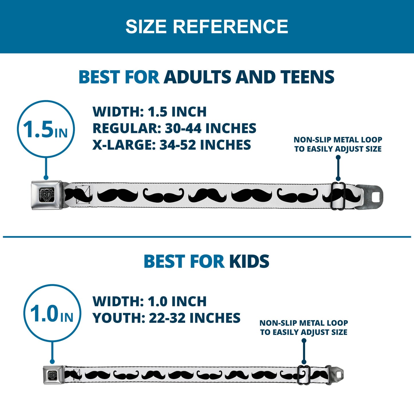 BD Wings Logo CLOSE-UP Full Color Black Silver Seatbelt Belt - Mustache Trio White/Black Webbing