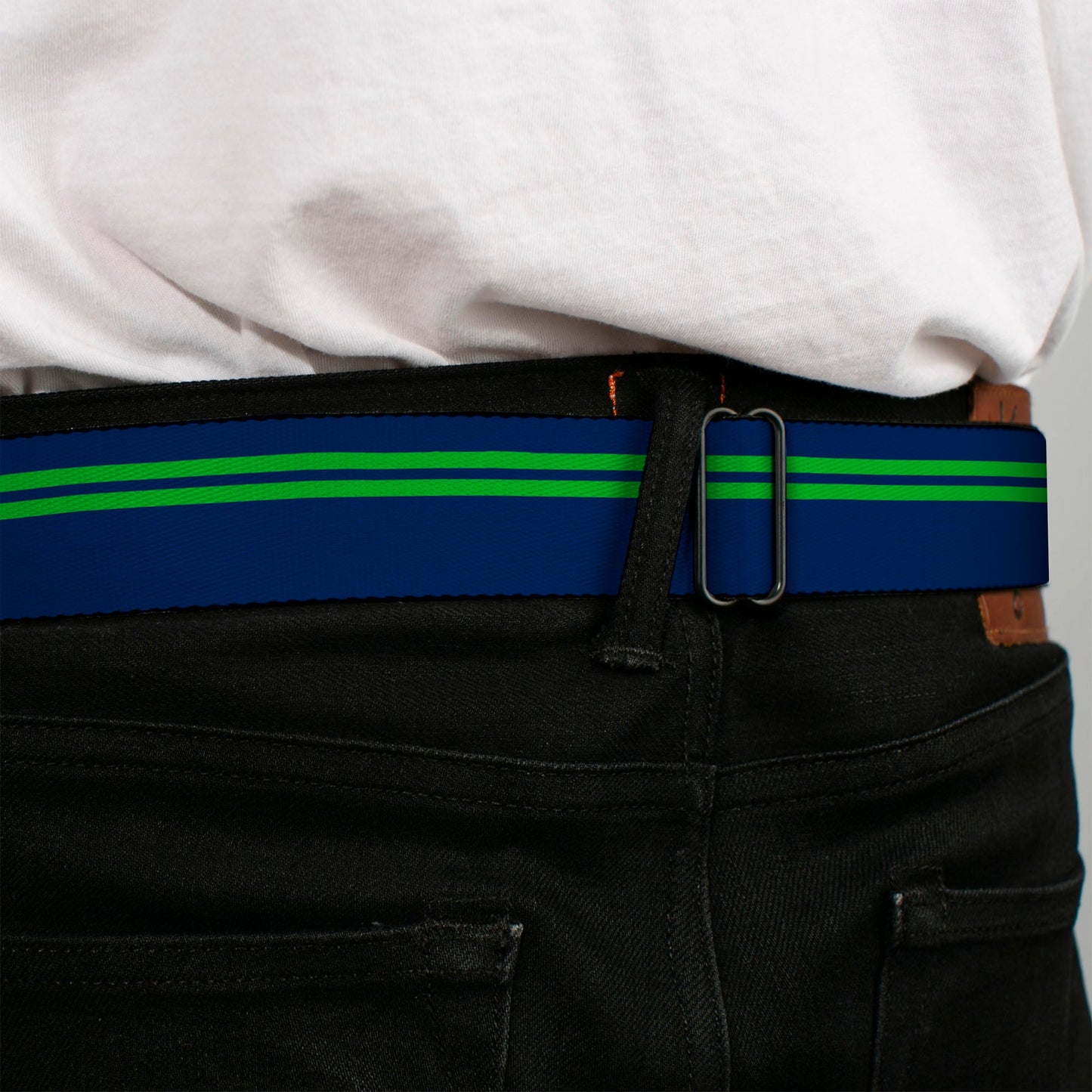 BD Wings Logo CLOSE-UP Full Color Black Silver Seatbelt Belt - Racing Stripe Navy/Bright Green Webbing