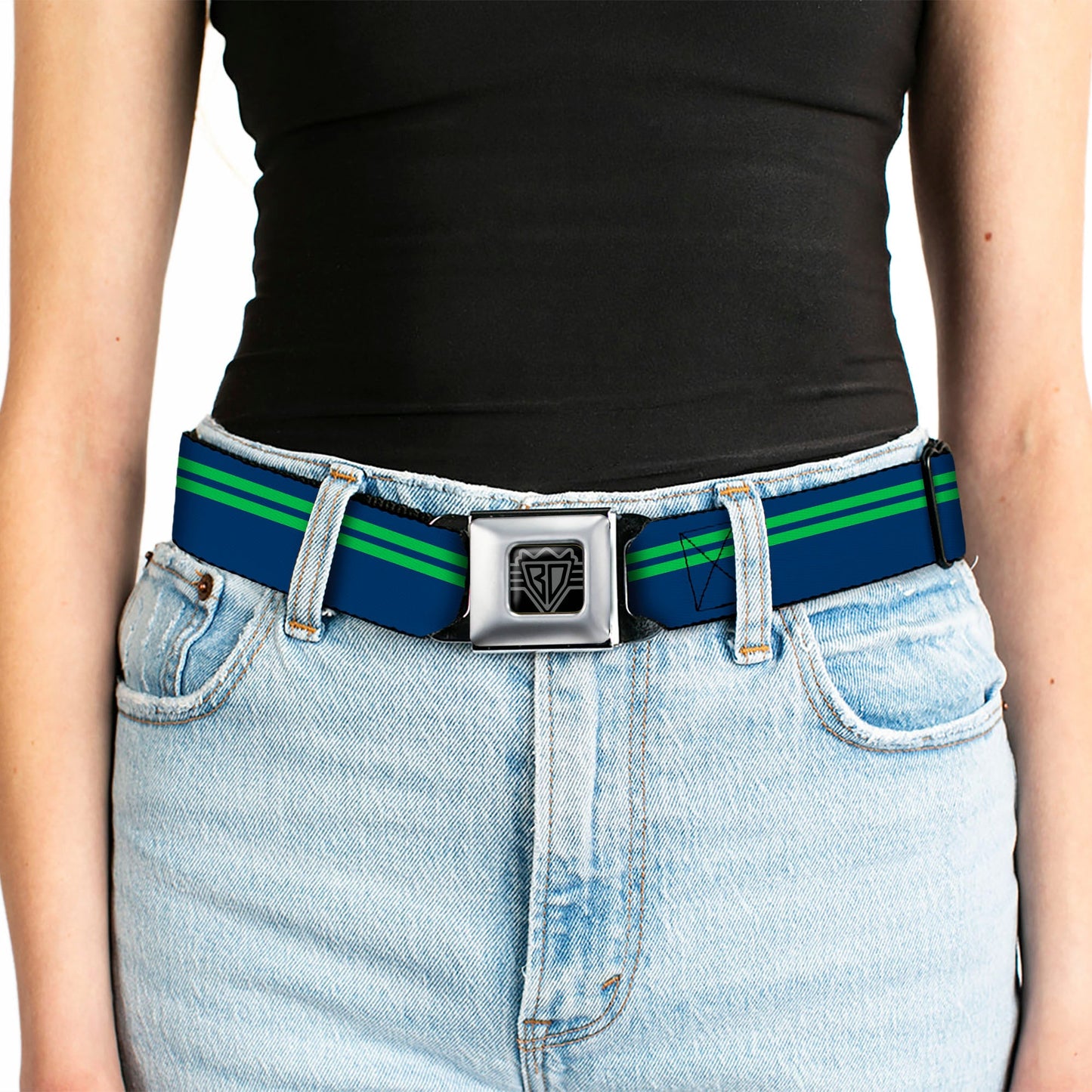 BD Wings Logo CLOSE-UP Full Color Black Silver Seatbelt Belt - Racing Stripe Navy/Bright Green Webbing