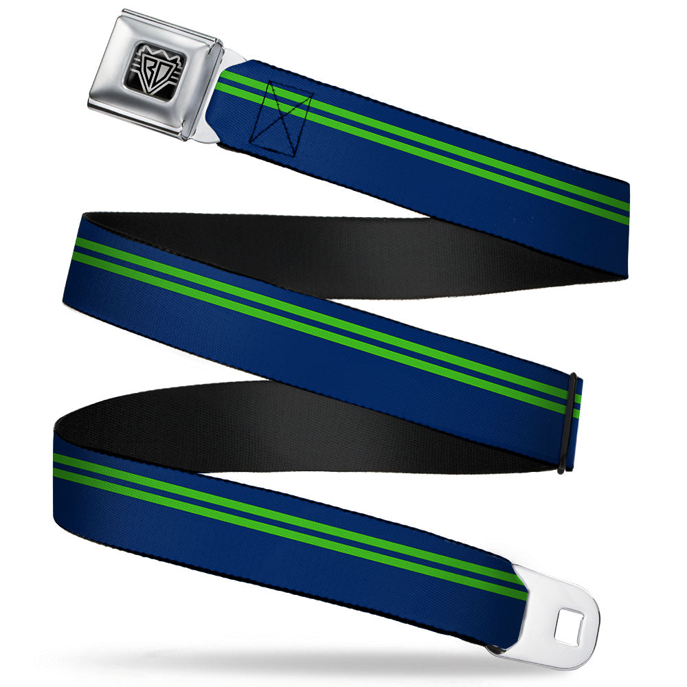 BD Wings Logo CLOSE-UP Full Color Black Silver Seatbelt Belt - Racing Stripe Navy/Bright Green Webbing