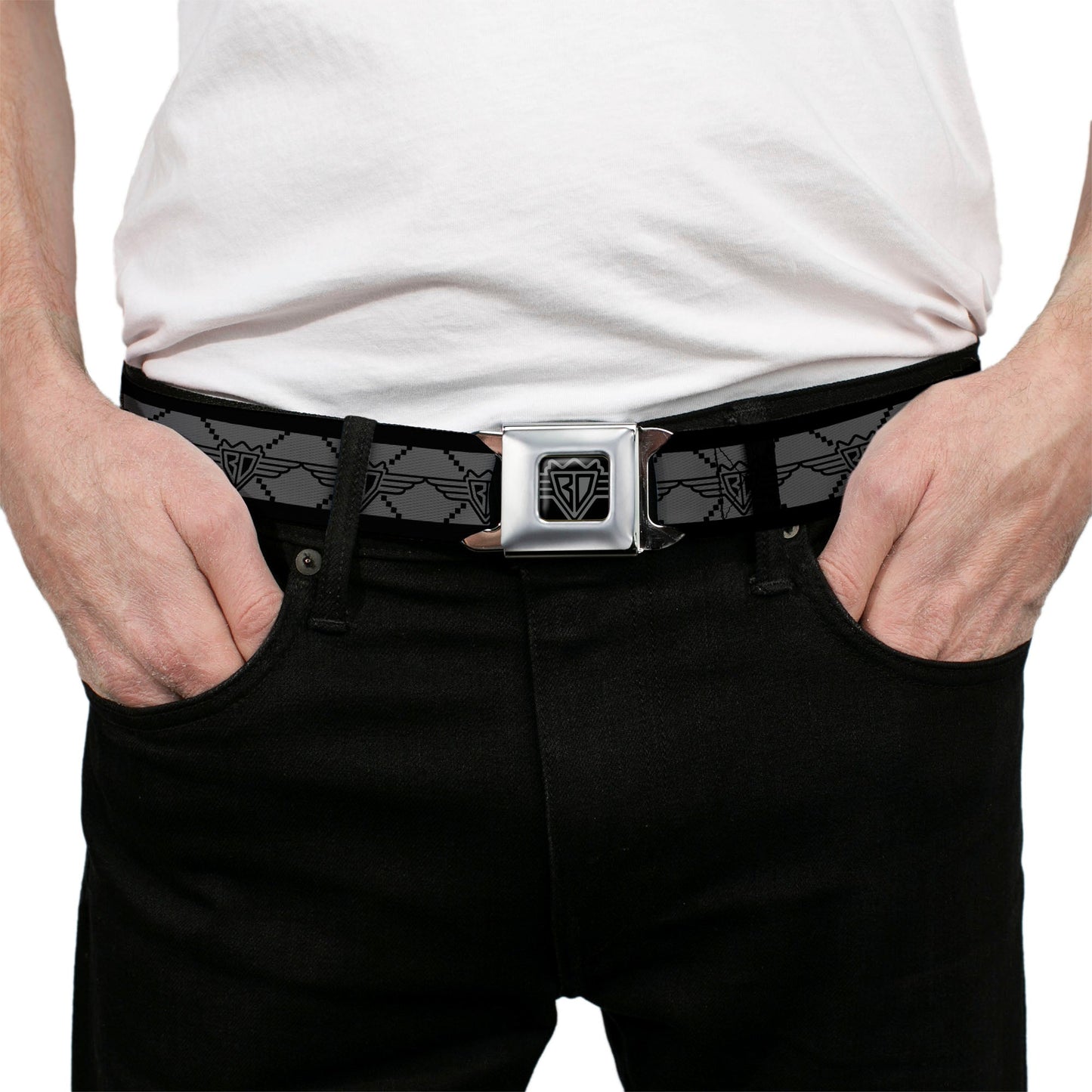 BD Wings Logo CLOSE-UP Full Color Black Silver Seatbelt Belt - BD Monogram2 Gray/Black Webbing