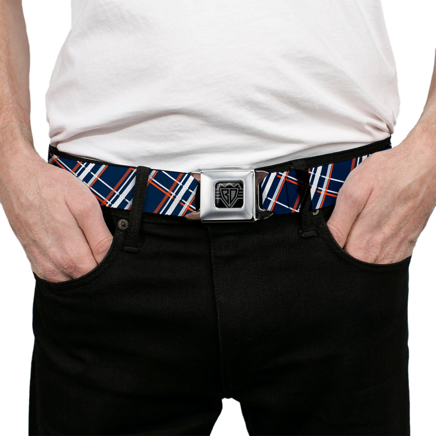 BD Wings Logo CLOSE-UP Full Color Black Silver Seatbelt Belt - Plaid X2 Navy/White/Orange Webbing