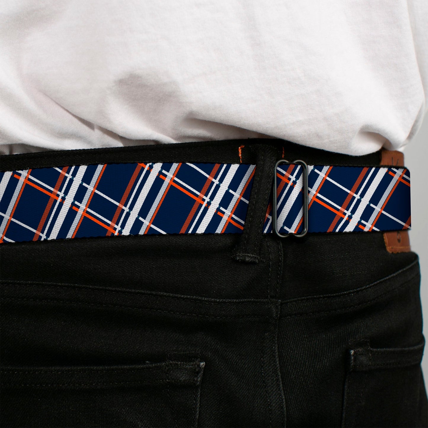 BD Wings Logo CLOSE-UP Full Color Black Silver Seatbelt Belt - Plaid X2 Navy/White/Orange Webbing