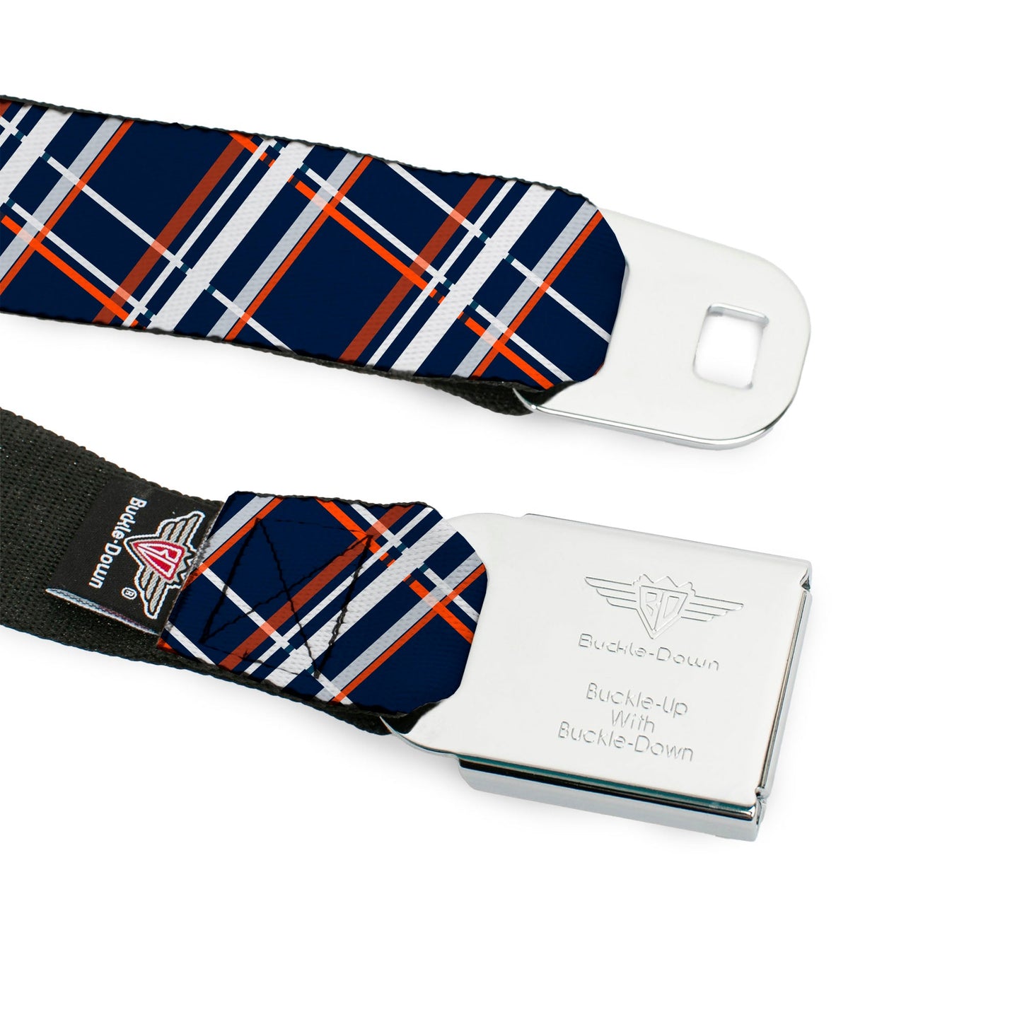 BD Wings Logo CLOSE-UP Full Color Black Silver Seatbelt Belt - Plaid X2 Navy/White/Orange Webbing