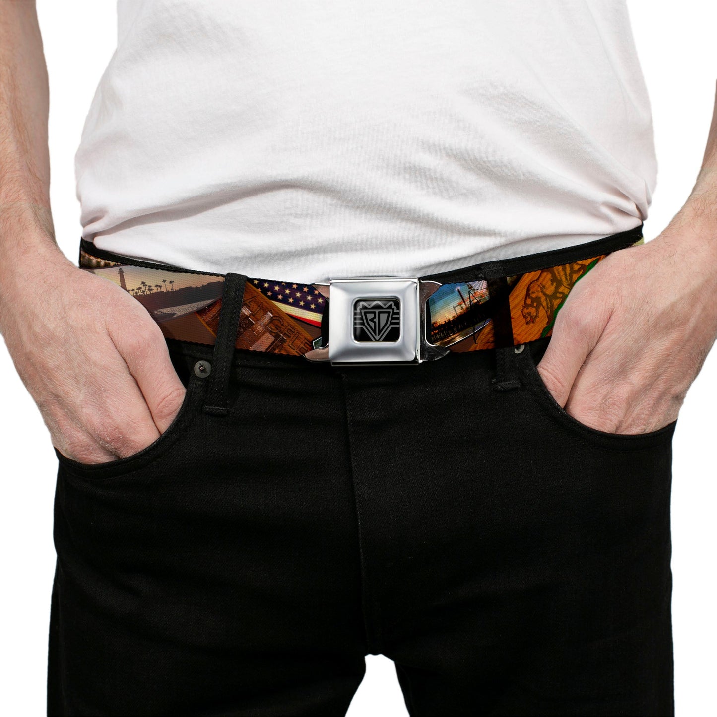 BD Wings Logo CLOSE-UP Full Color Black Silver Seatbelt Belt - Surfboard Cali Scenes/US Flag Stacked Brown Webbing
