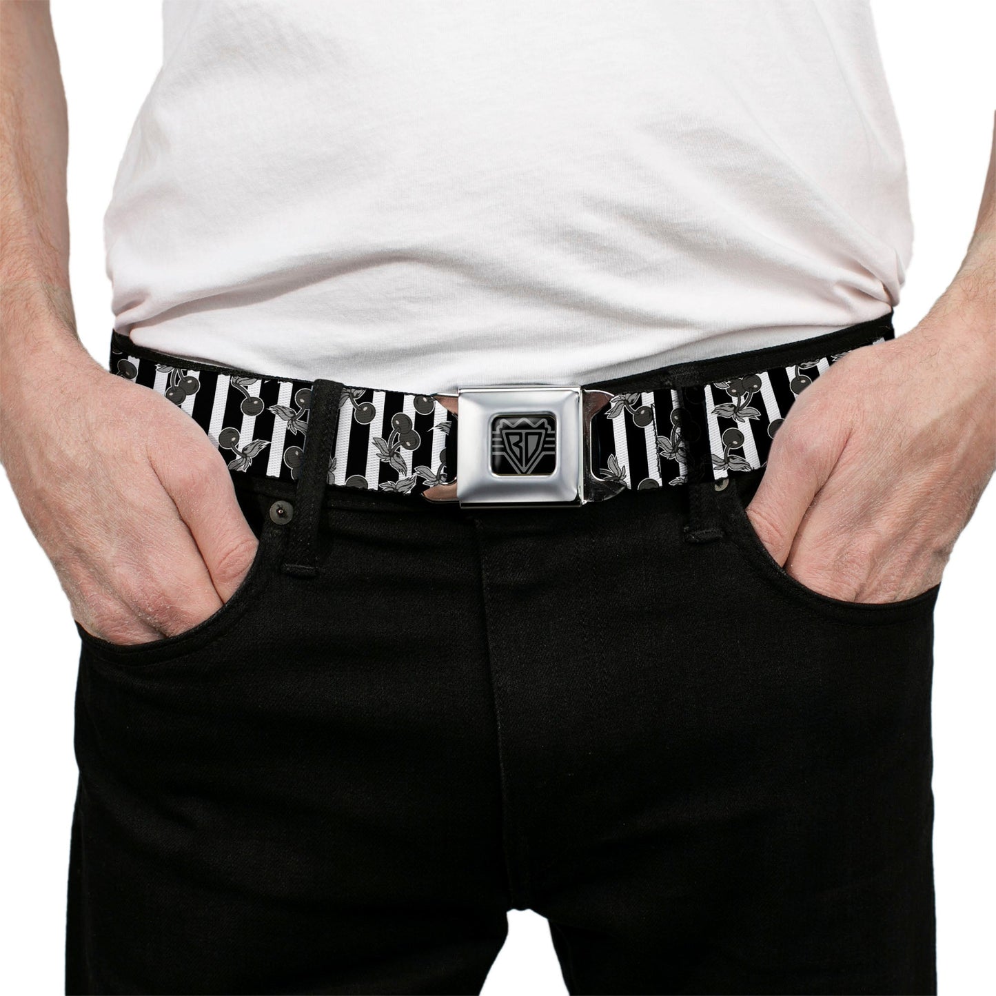 BD Wings Logo CLOSE-UP Full Color Black Silver Seatbelt Belt - Cherries Scattered/Vertical Stripe White/Black/Grays Webbing