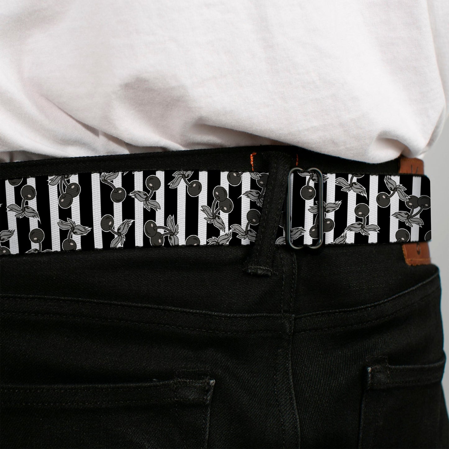 BD Wings Logo CLOSE-UP Full Color Black Silver Seatbelt Belt - Cherries Scattered/Vertical Stripe White/Black/Grays Webbing