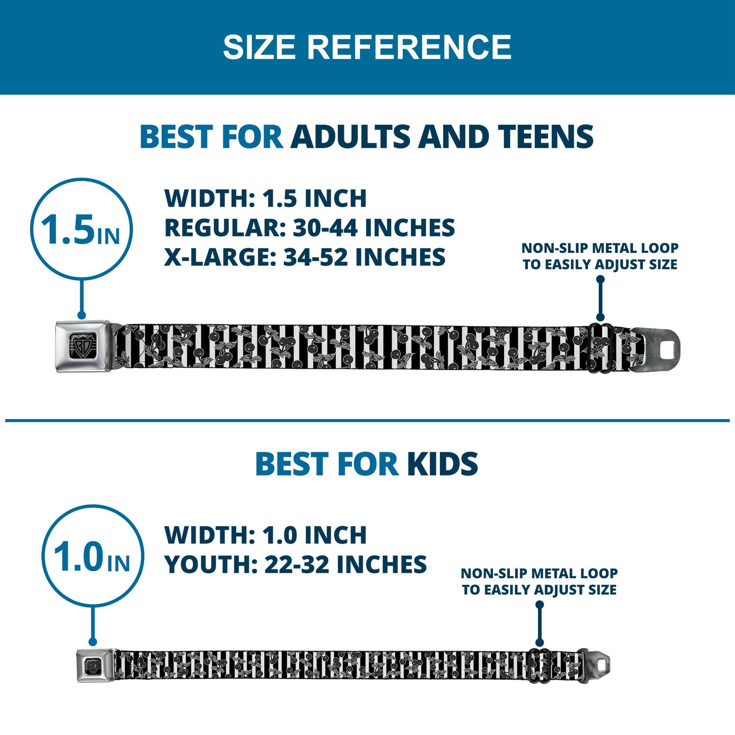 BD Wings Logo CLOSE-UP Full Color Black Silver Seatbelt Belt - Cherries Scattered/Vertical Stripe White/Black/Grays Webbing