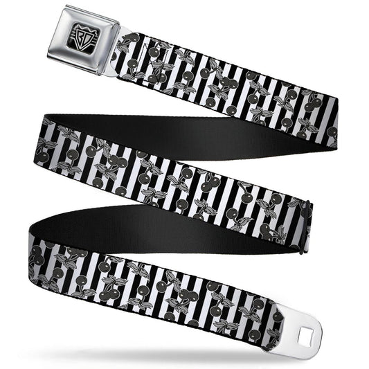 BD Wings Logo CLOSE-UP Full Color Black Silver Seatbelt Belt - Cherries Scattered/Vertical Stripe White/Black/Grays Webbing