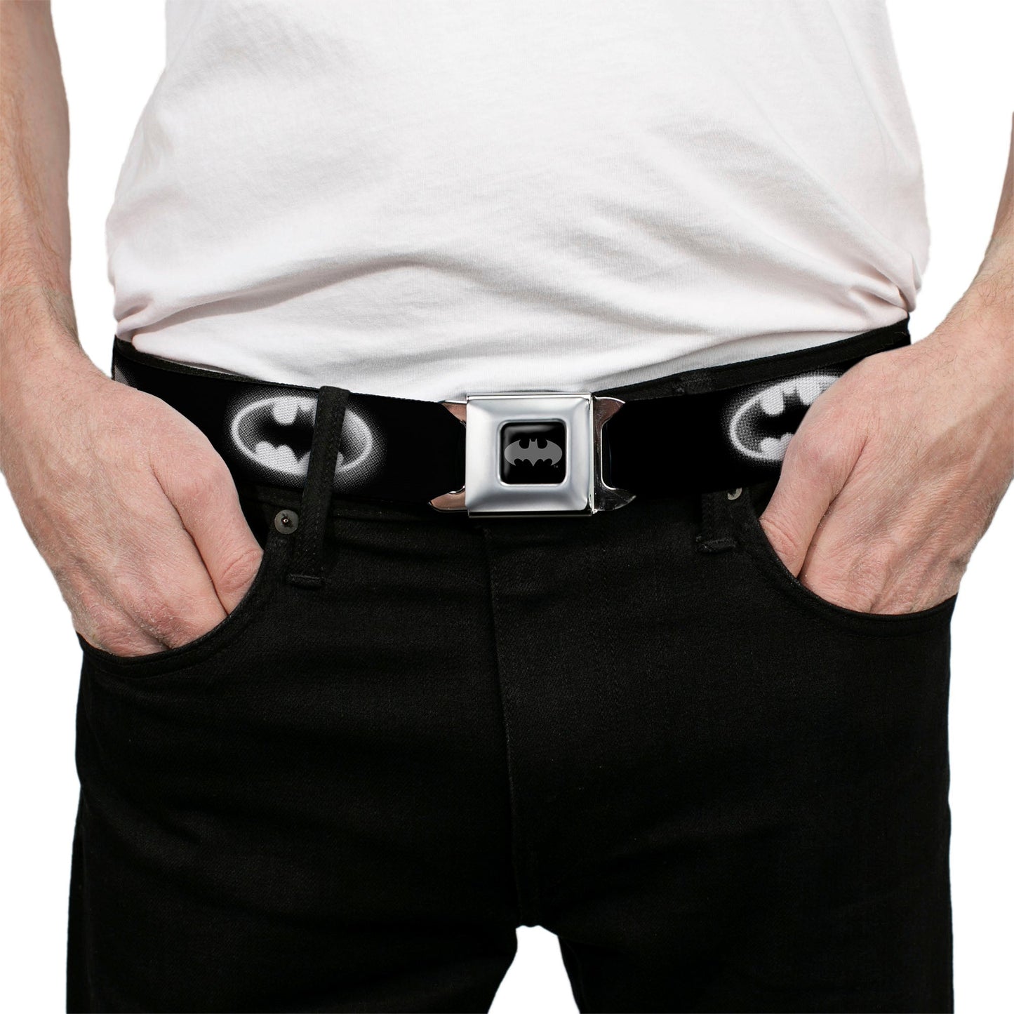 Batman Black Silver Seatbelt Belt - Cloudy Bat Signal Black/White Webbing