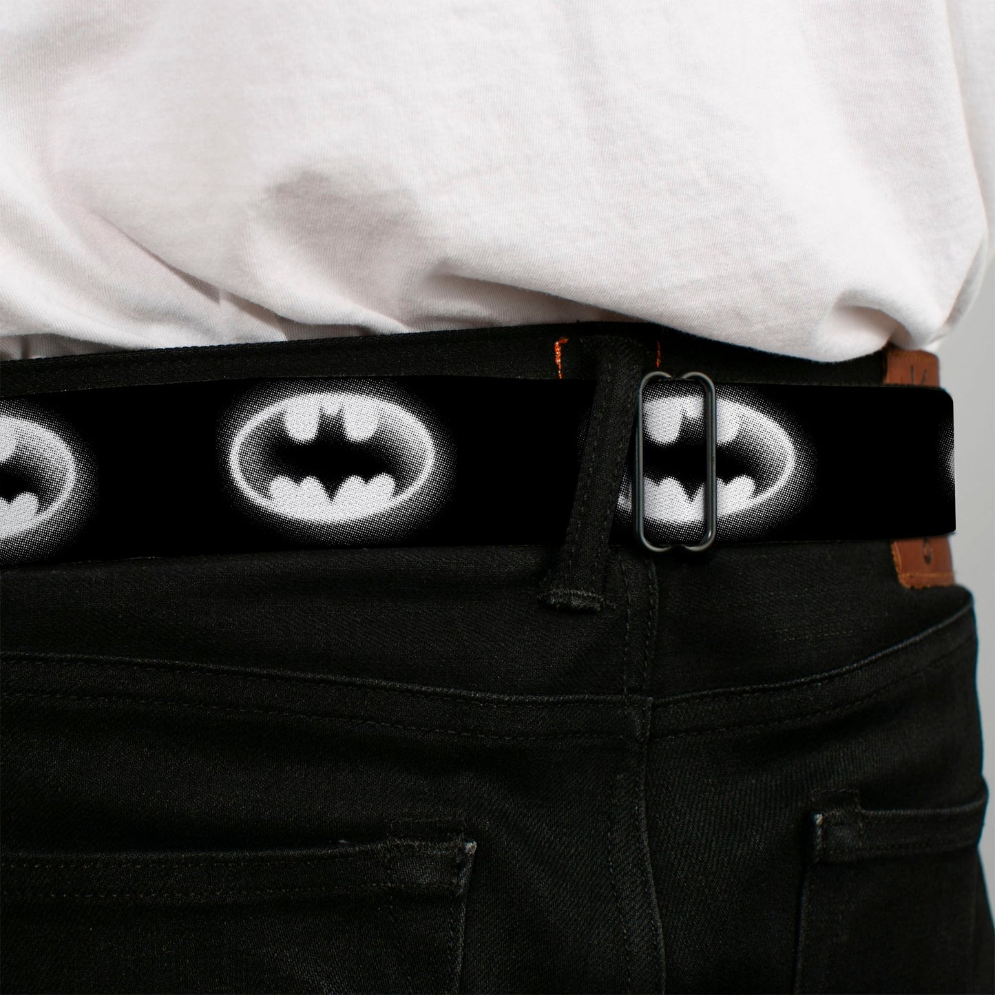 Batman Black Silver Seatbelt Belt - Cloudy Bat Signal Black/White Webbing