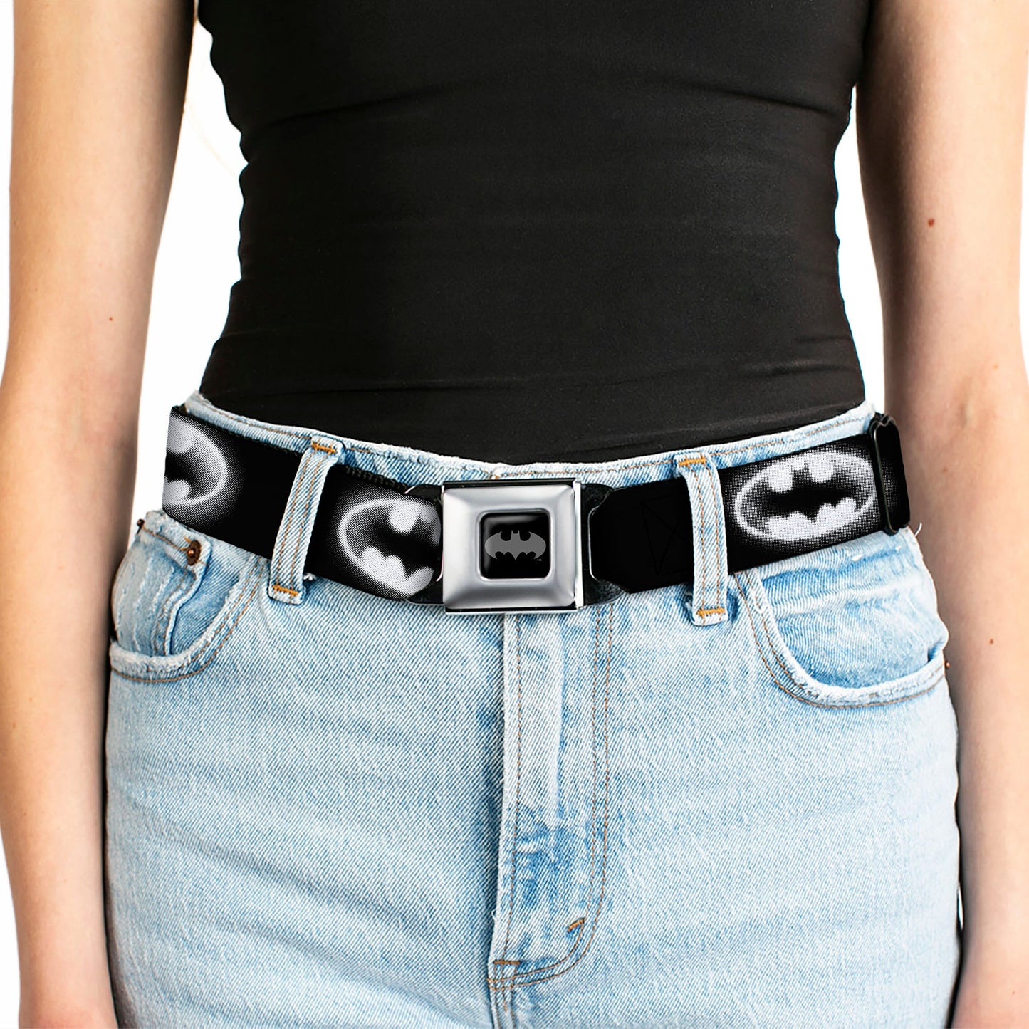 Batman Black Silver Seatbelt Belt - Cloudy Bat Signal Black/White Webbing