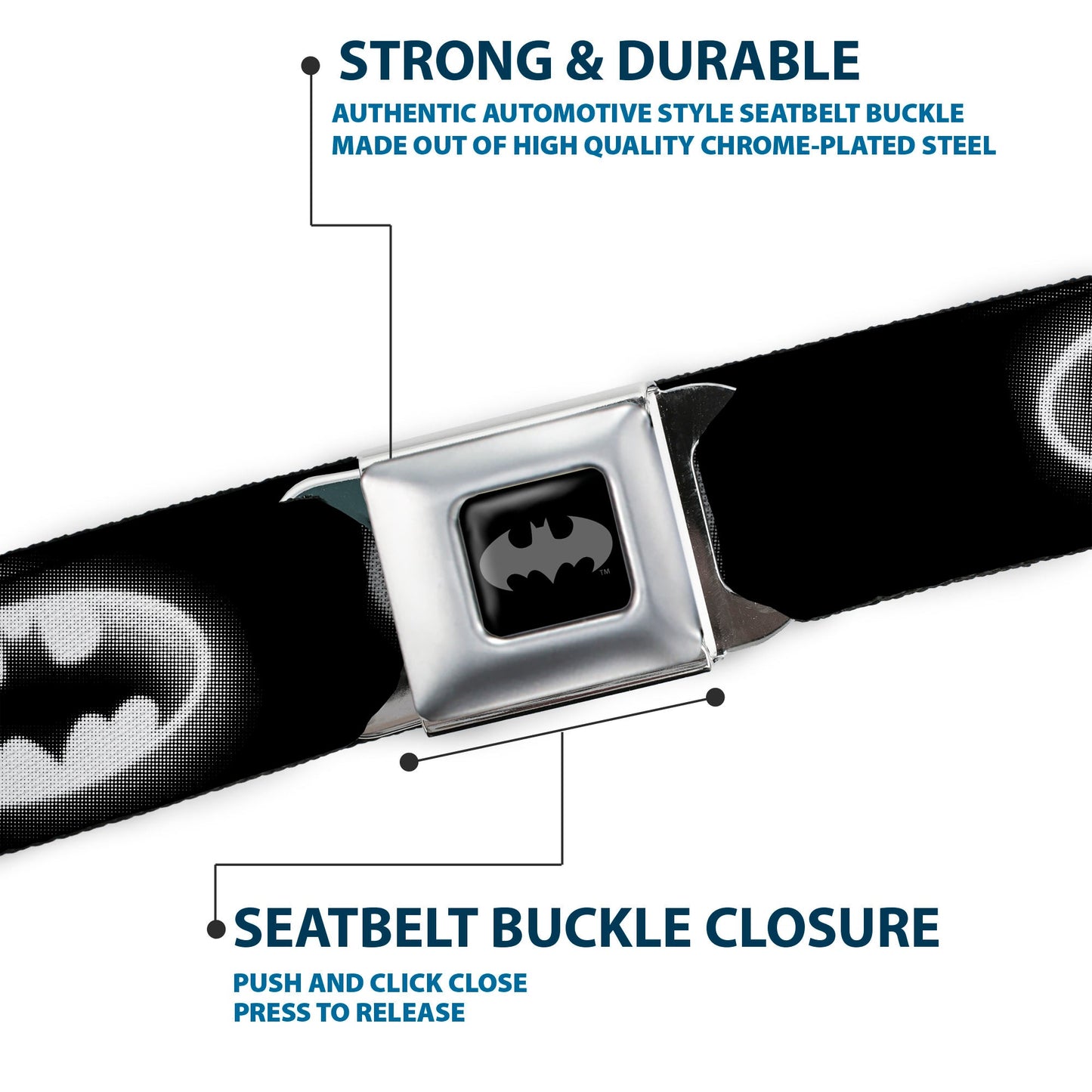 Batman Black Silver Seatbelt Belt - Cloudy Bat Signal Black/White Webbing