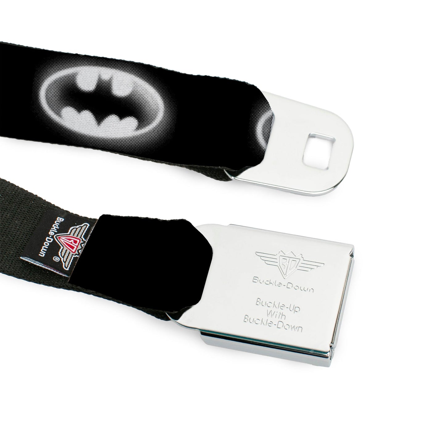 Batman Black Silver Seatbelt Belt - Cloudy Bat Signal Black/White Webbing
