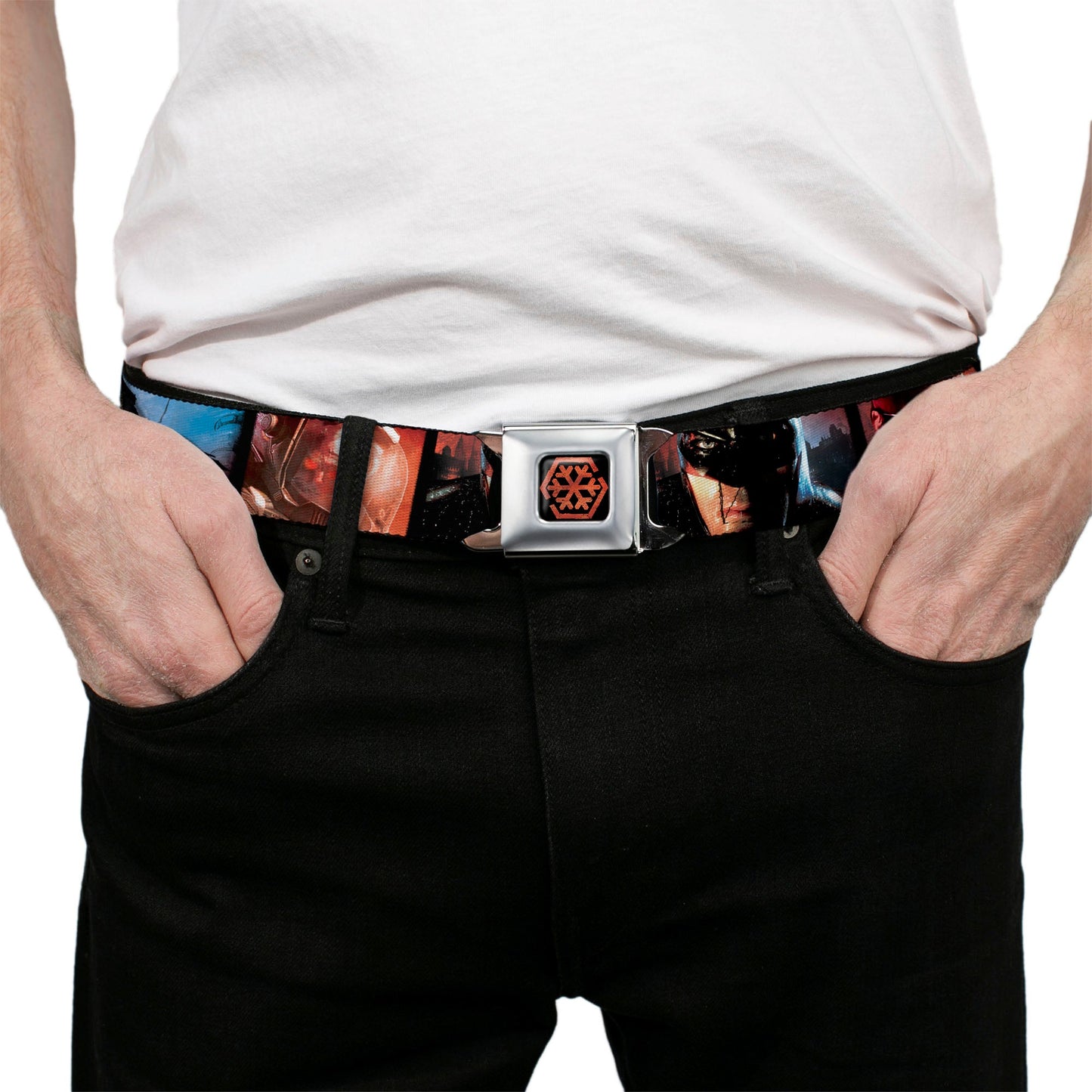 Arkham City Snowflake Full Color Black Red Seatbelt Belt - Batman Arkham City 3-Character/2-Scene Panels Webbing