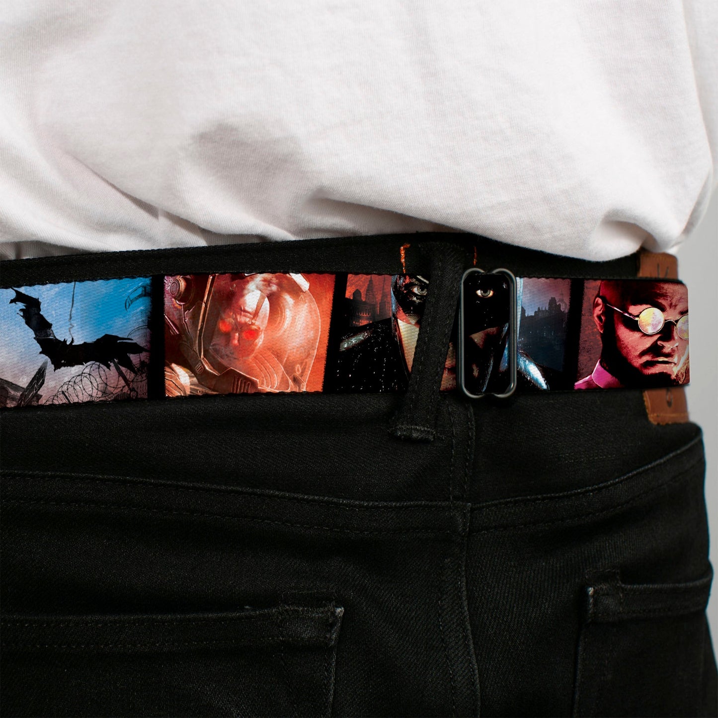 Arkham City Snowflake Full Color Black Red Seatbelt Belt - Batman Arkham City 3-Character/2-Scene Panels Webbing