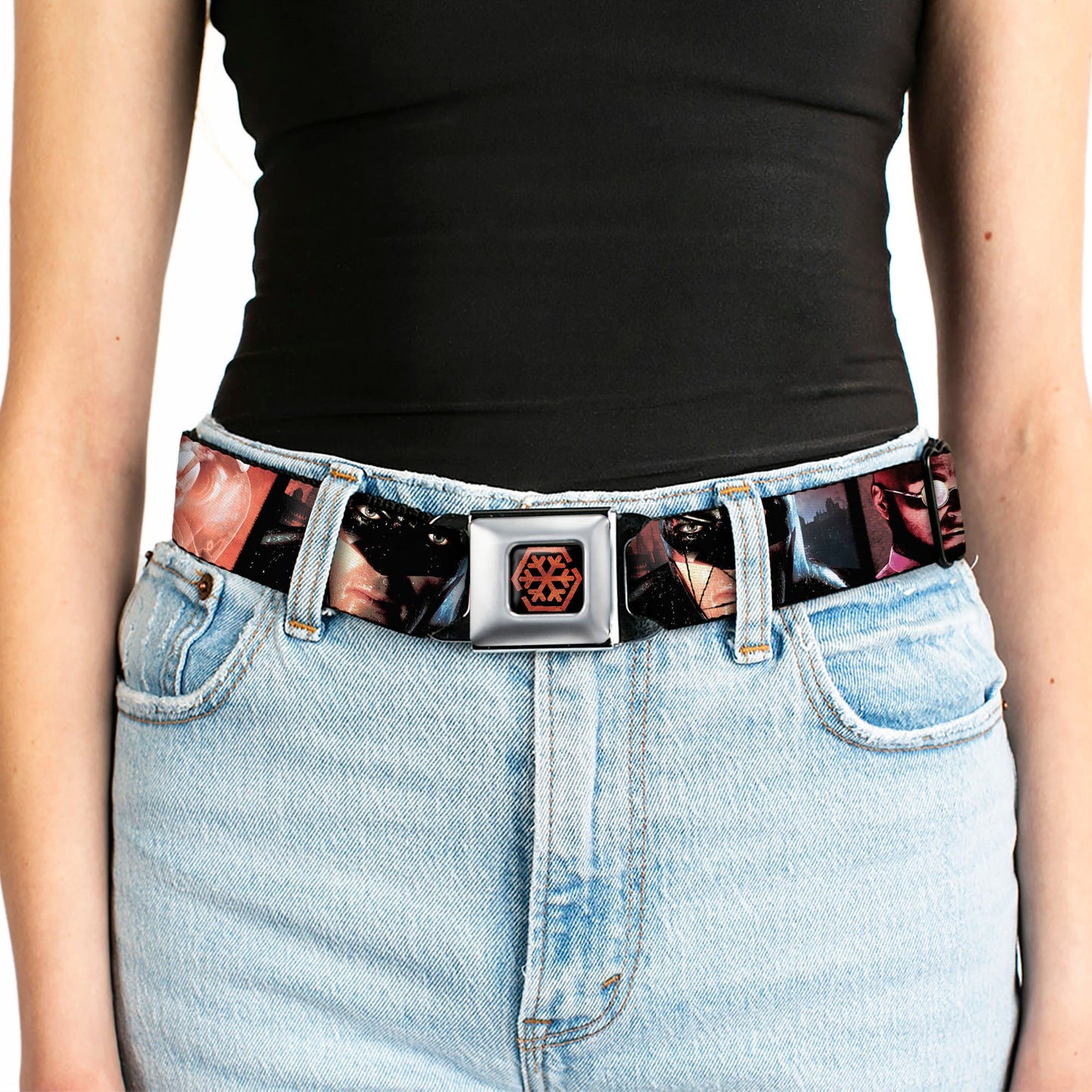 Arkham City Snowflake Full Color Black Red Seatbelt Belt - Batman Arkham City 3-Character/2-Scene Panels Webbing