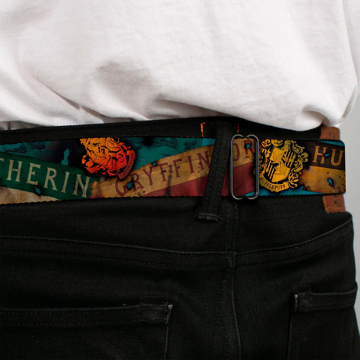 Harry Potter Logo Full Color Black/White Seatbelt Belt - Hogwarts House Banners & Logos Webbing