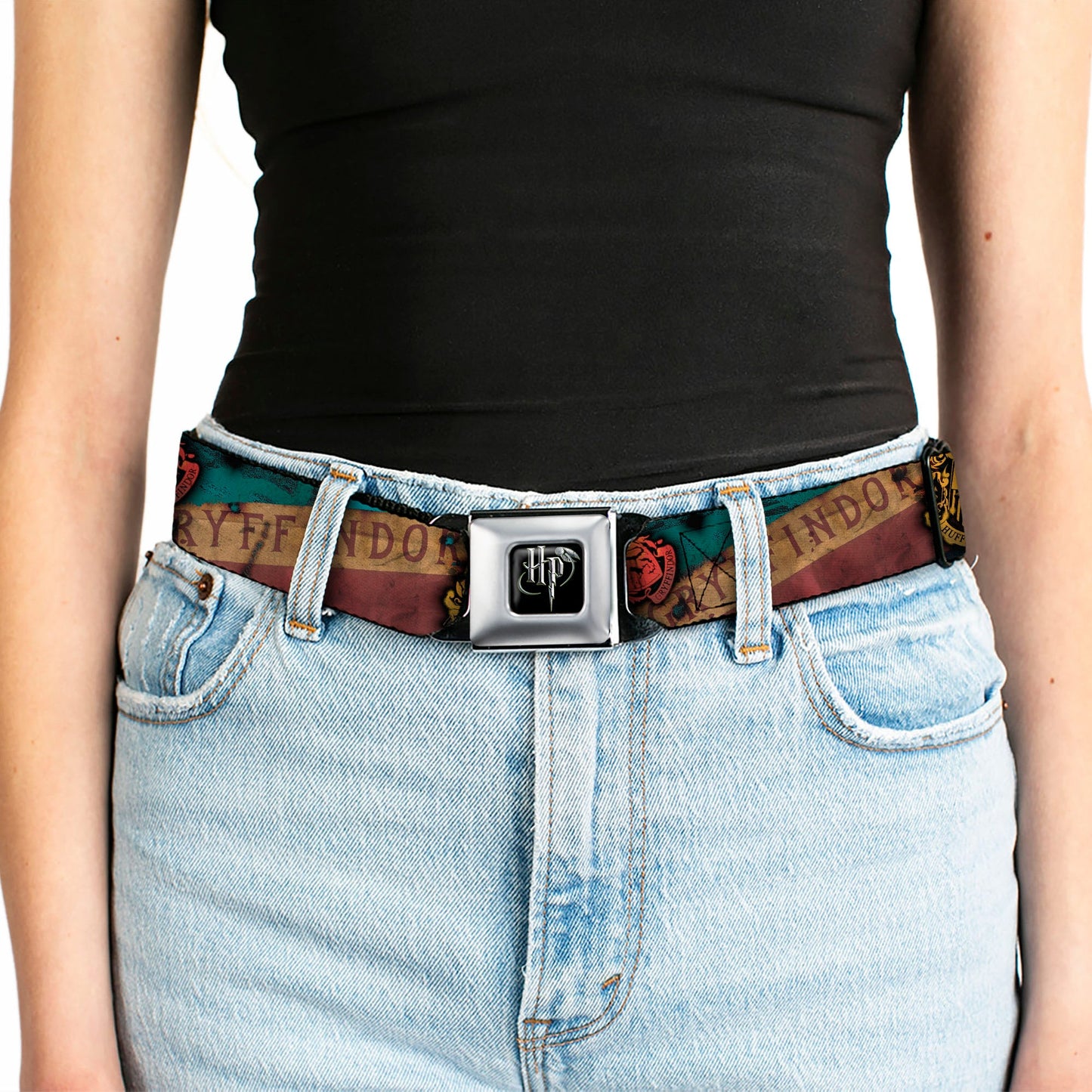 Harry Potter Logo Full Color Black/White Seatbelt Belt - Hogwarts House Banners & Logos Webbing