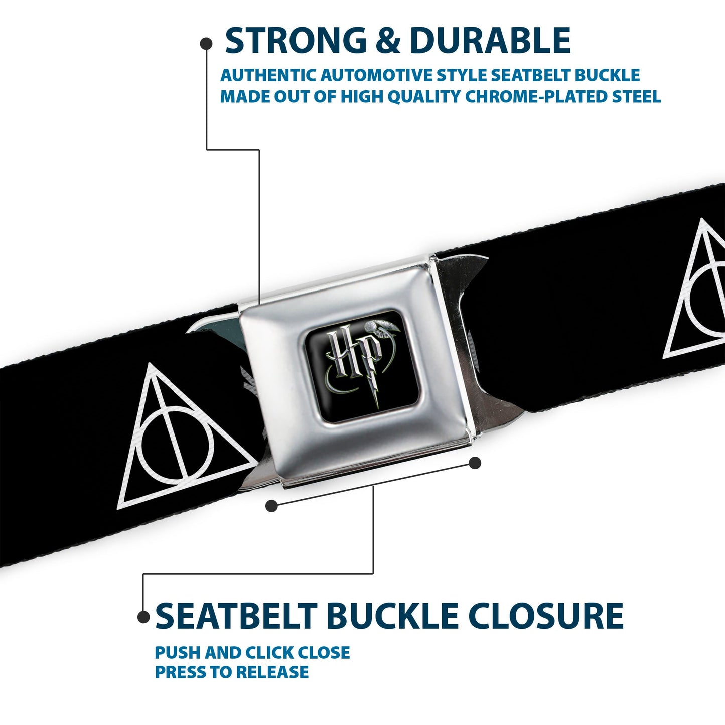 Harry Potter Logo Full Color Black/White Seatbelt Belt - Deathly Hallows Symbol Black/White Webbing
