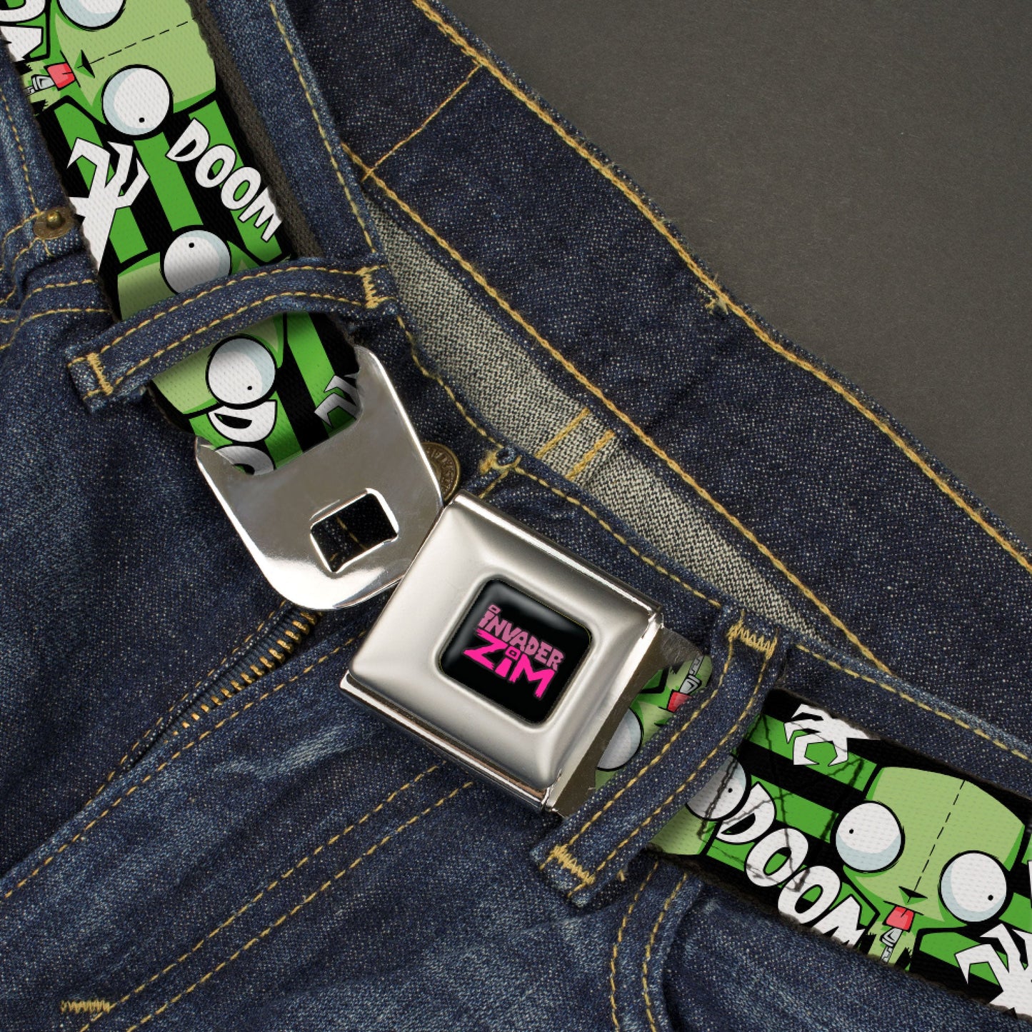 INVADER ZIM Title Logo Full Color Pink/Green Seatbelt Belt - Invader Zim GIR DOOM Flip Poses Stripe Black/Green Webbing