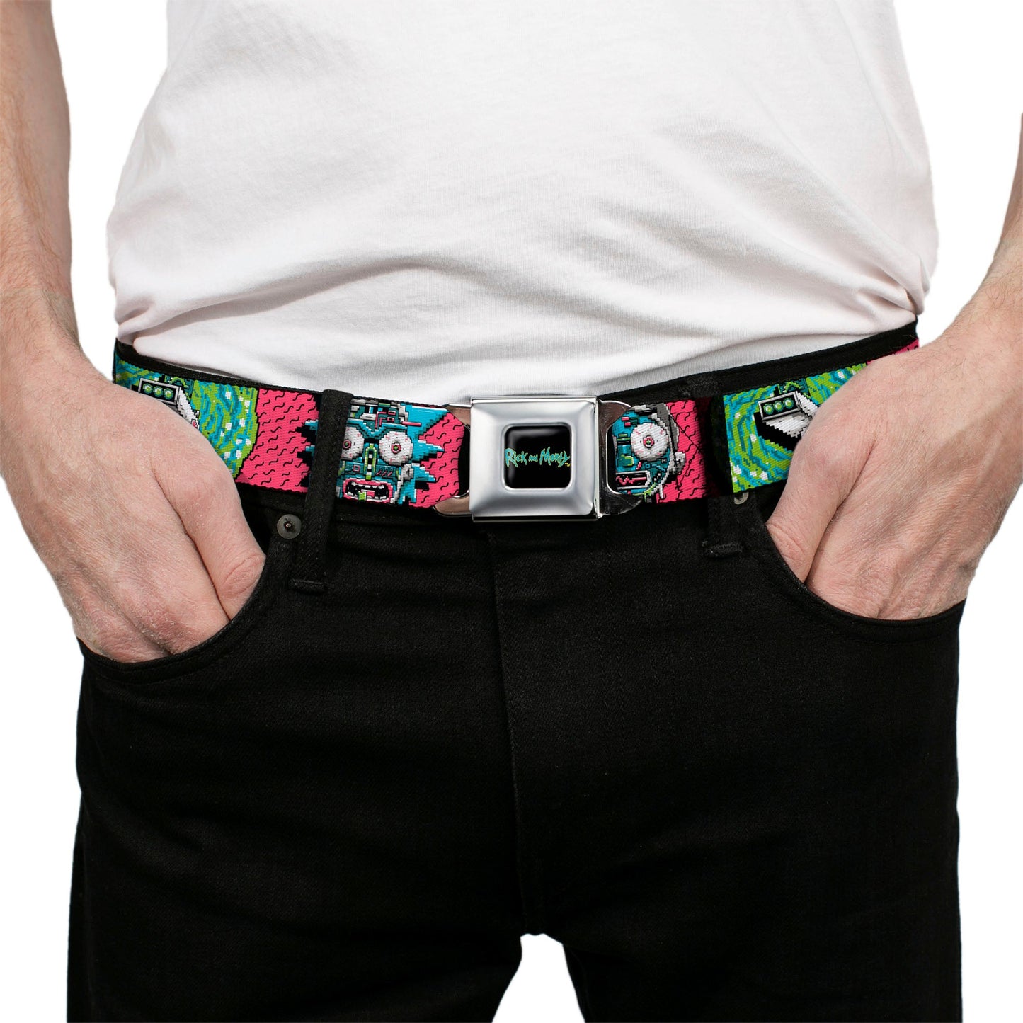 RICK AND MORTY Text Logo Full Color Black/Blue Seatbelt Belt - RICK AND MORTY Text Logo Full Color Black/Blue Webbing