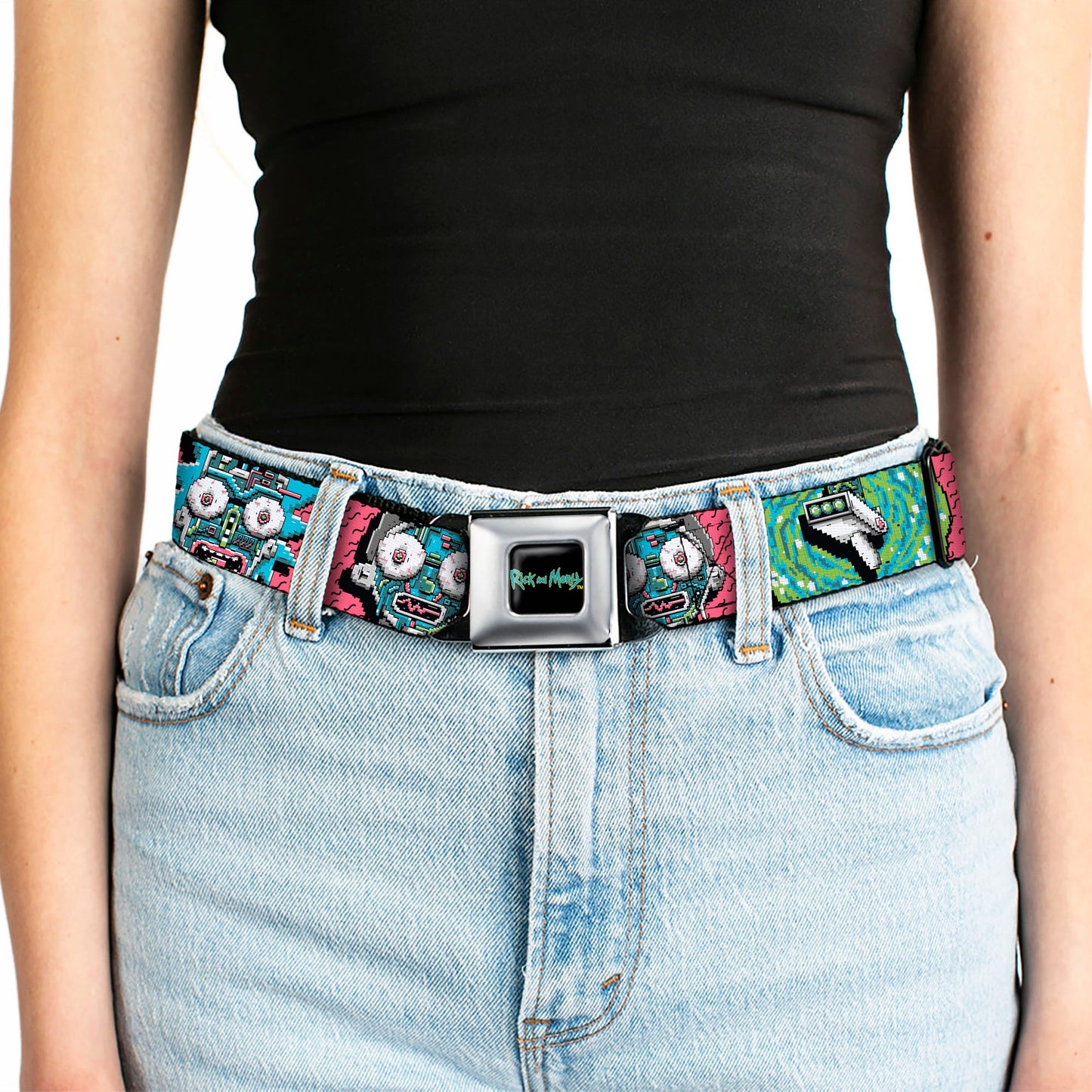 RICK AND MORTY Text Logo Full Color Black/Blue Seatbelt Belt - RICK AND MORTY Text Logo Full Color Black/Blue Webbing