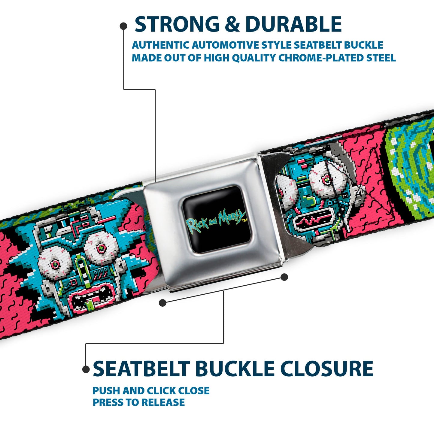 RICK AND MORTY Text Logo Full Color Black/Blue Seatbelt Belt - RICK AND MORTY Text Logo Full Color Black/Blue Webbing