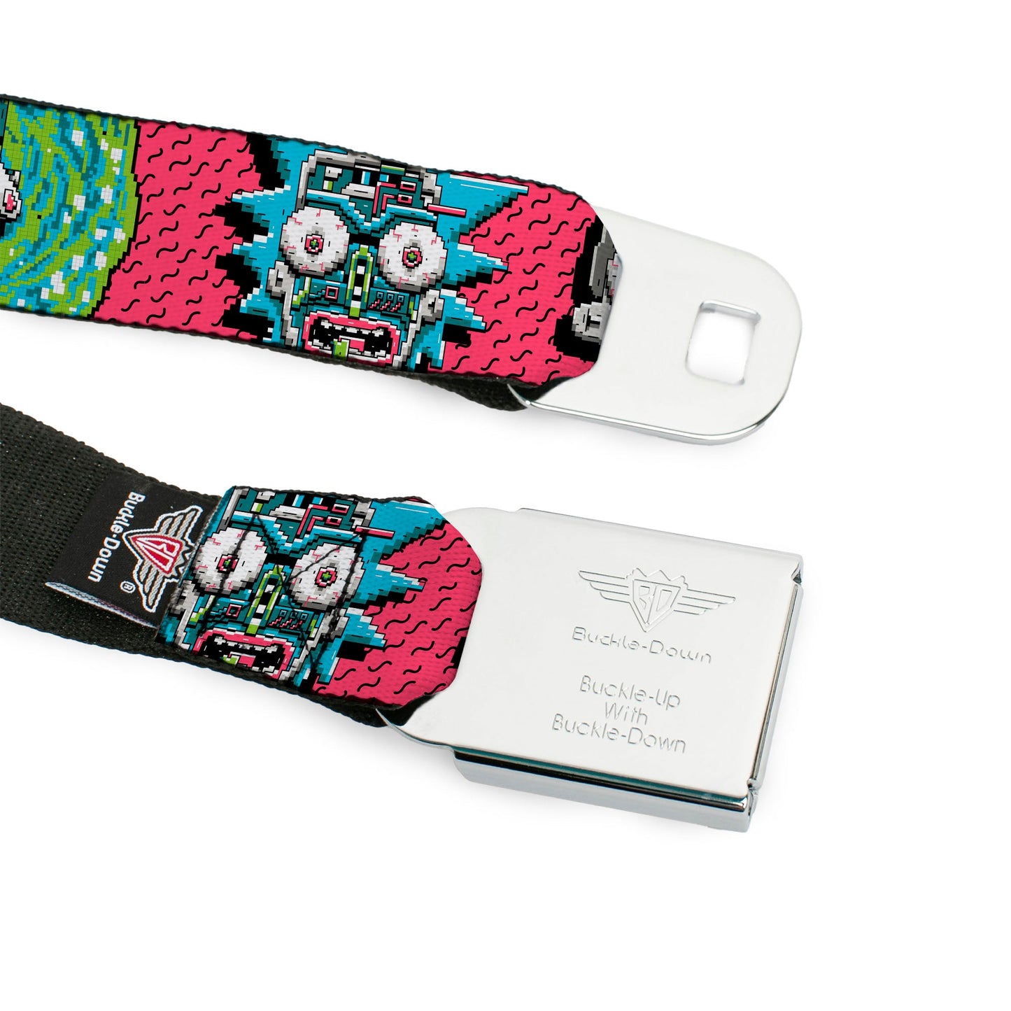 RICK AND MORTY Text Logo Full Color Black/Blue Seatbelt Belt - RICK AND MORTY Text Logo Full Color Black/Blue Webbing