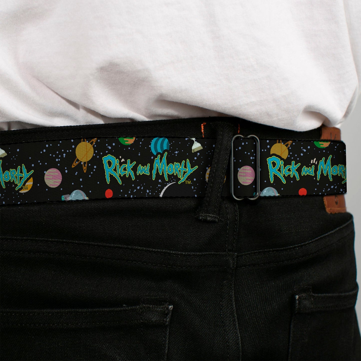 RICK AND MORTY Text Logo Full Color Black/Blue Seatbelt Belt - RICK AND MORTY Title Logo Space Black Webbing
