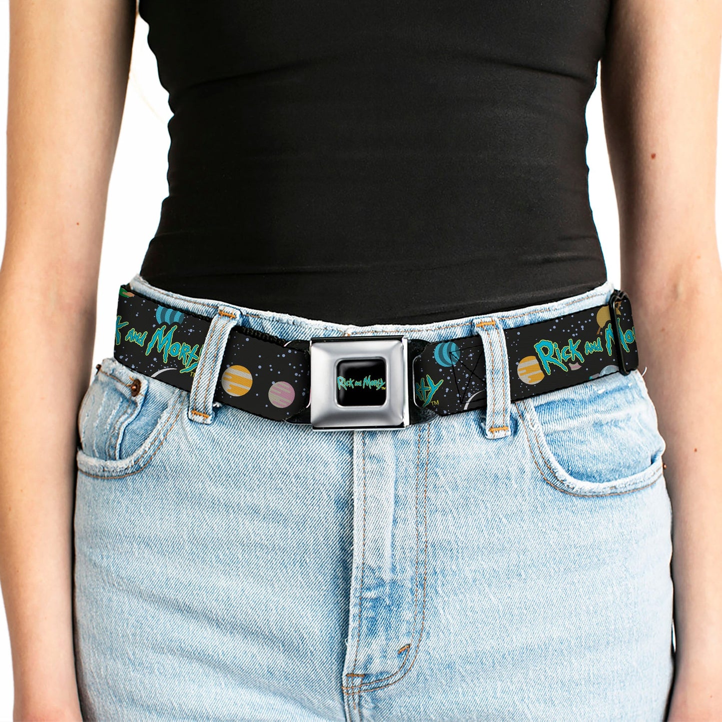 RICK AND MORTY Text Logo Full Color Black/Blue Seatbelt Belt - RICK AND MORTY Title Logo Space Black Webbing