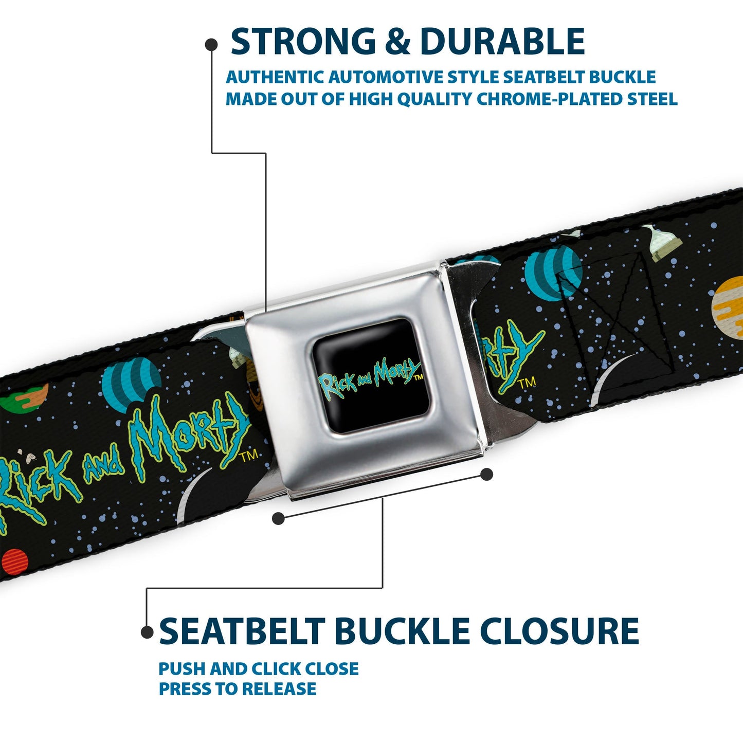 RICK AND MORTY Text Logo Full Color Black/Blue Seatbelt Belt - RICK AND MORTY Title Logo Space Black Webbing