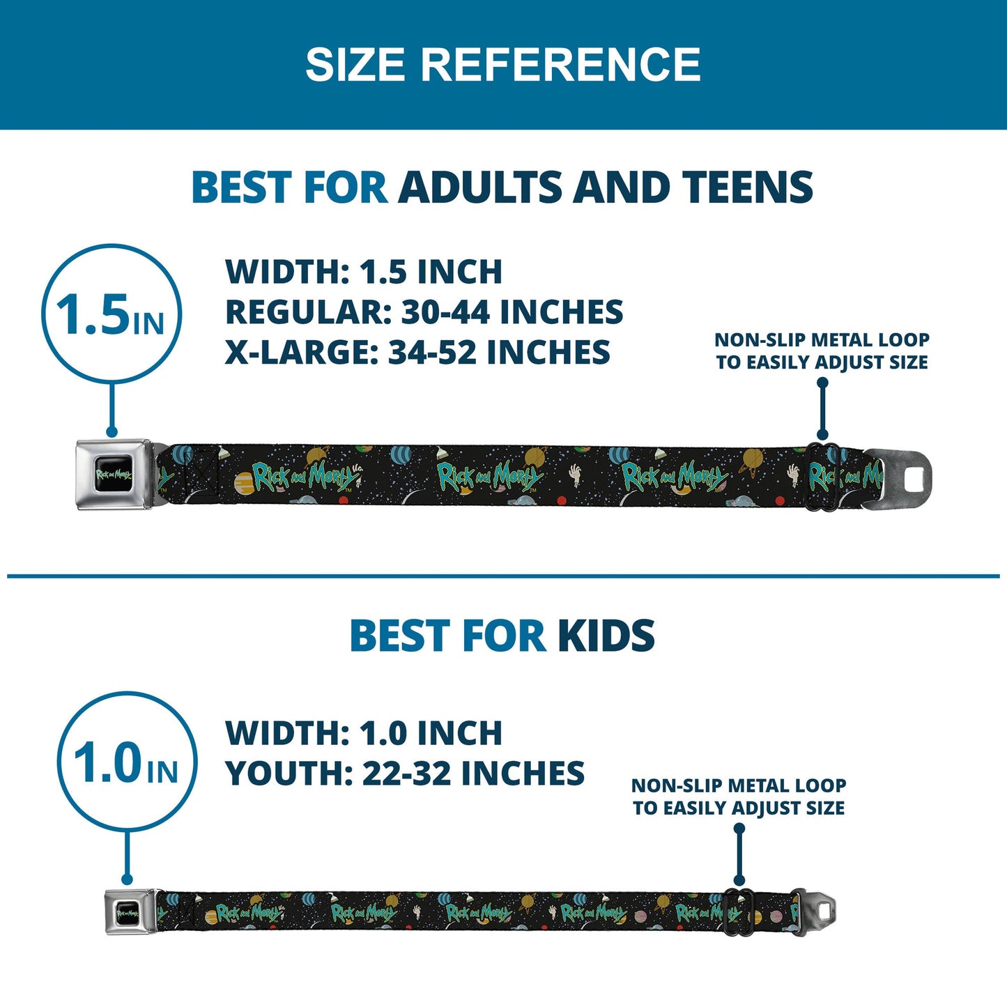 RICK AND MORTY Text Logo Full Color Black/Blue Seatbelt Belt - RICK AND MORTY Title Logo Space Black Webbing