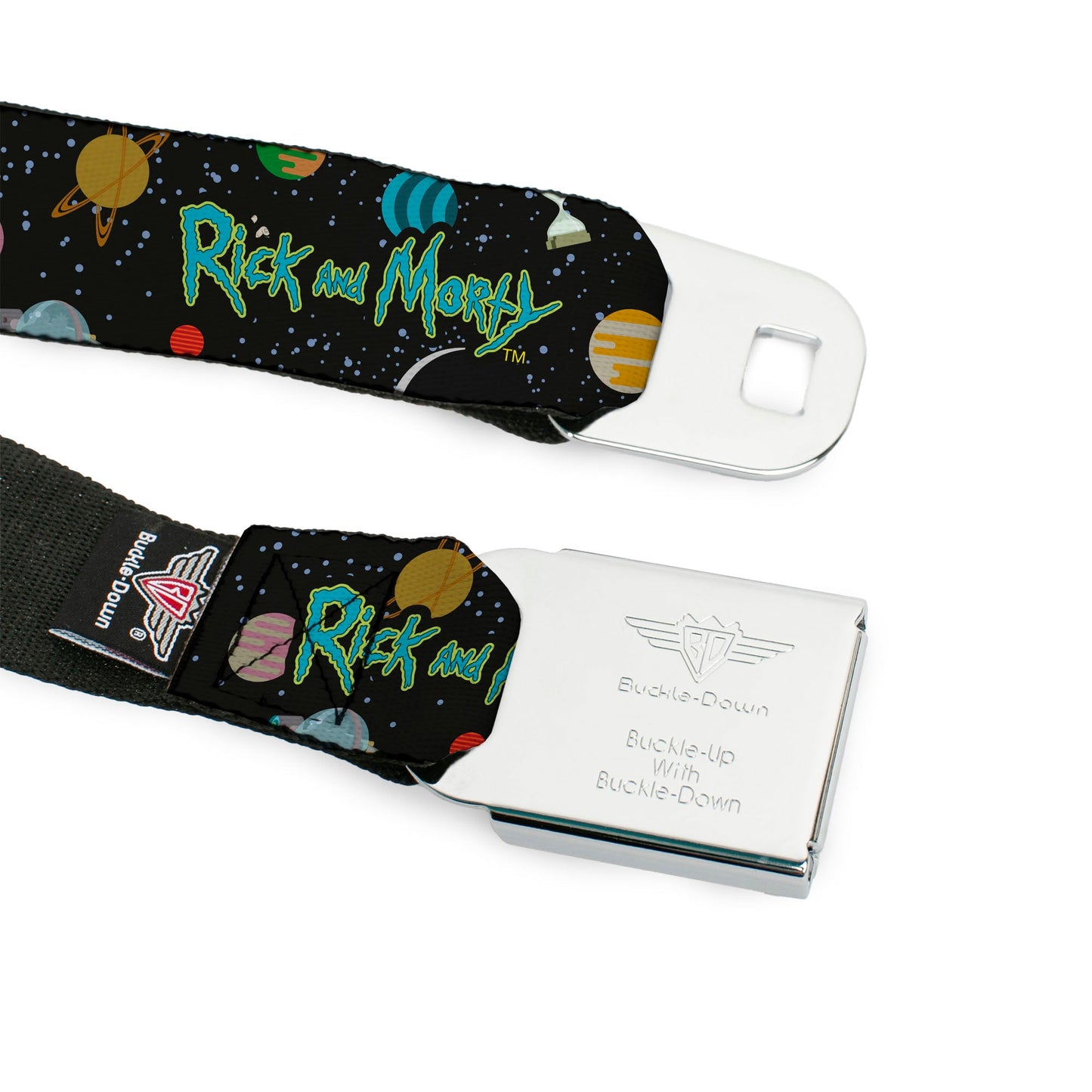 RICK AND MORTY Text Logo Full Color Black/Blue Seatbelt Belt - RICK AND MORTY Title Logo Space Black Webbing
