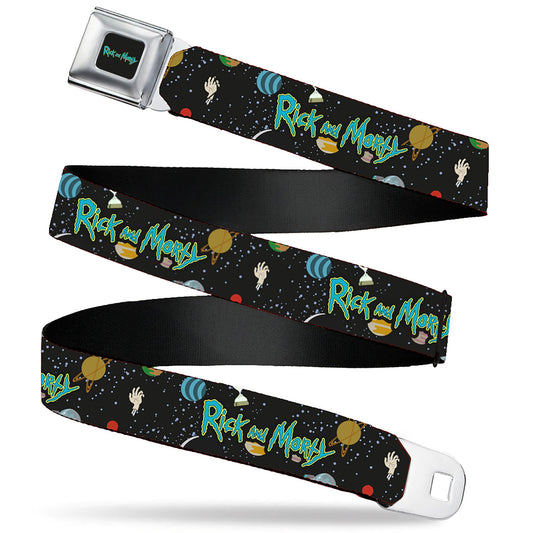 RICK AND MORTY Text Logo Full Color Black/Blue Seatbelt Belt - RICK AND MORTY Title Logo Space Black Webbing