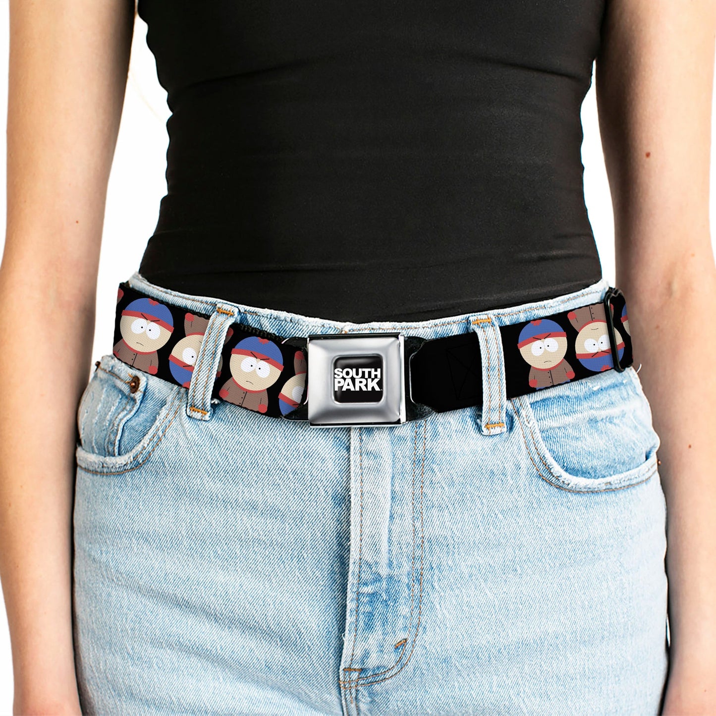 SOUTH PARK Title Logo Full Color Black/White Seatbelt Belt - South Park Stan Flip Poses Black Webbing