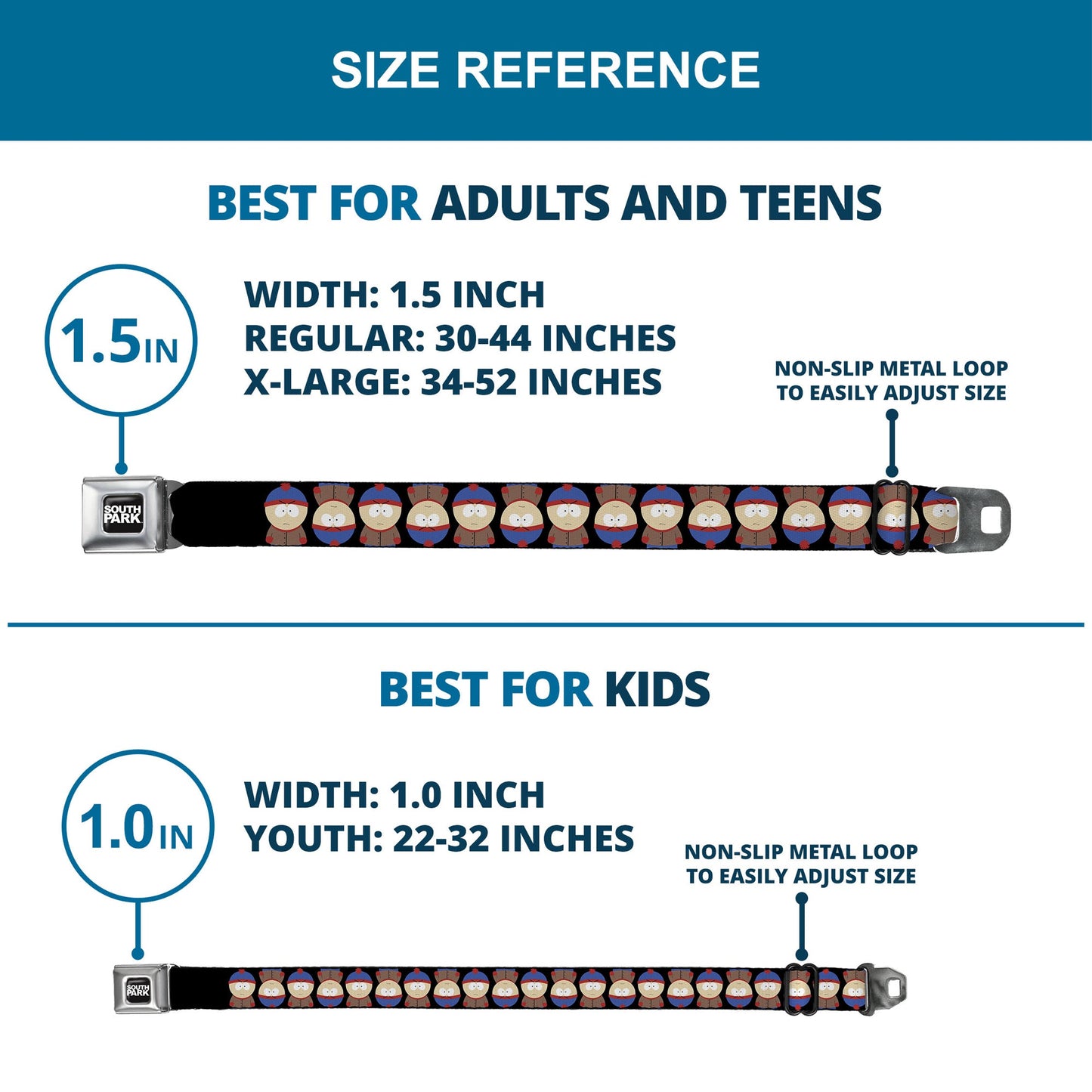 SOUTH PARK Title Logo Full Color Black/White Seatbelt Belt - South Park Stan Flip Poses Black Webbing