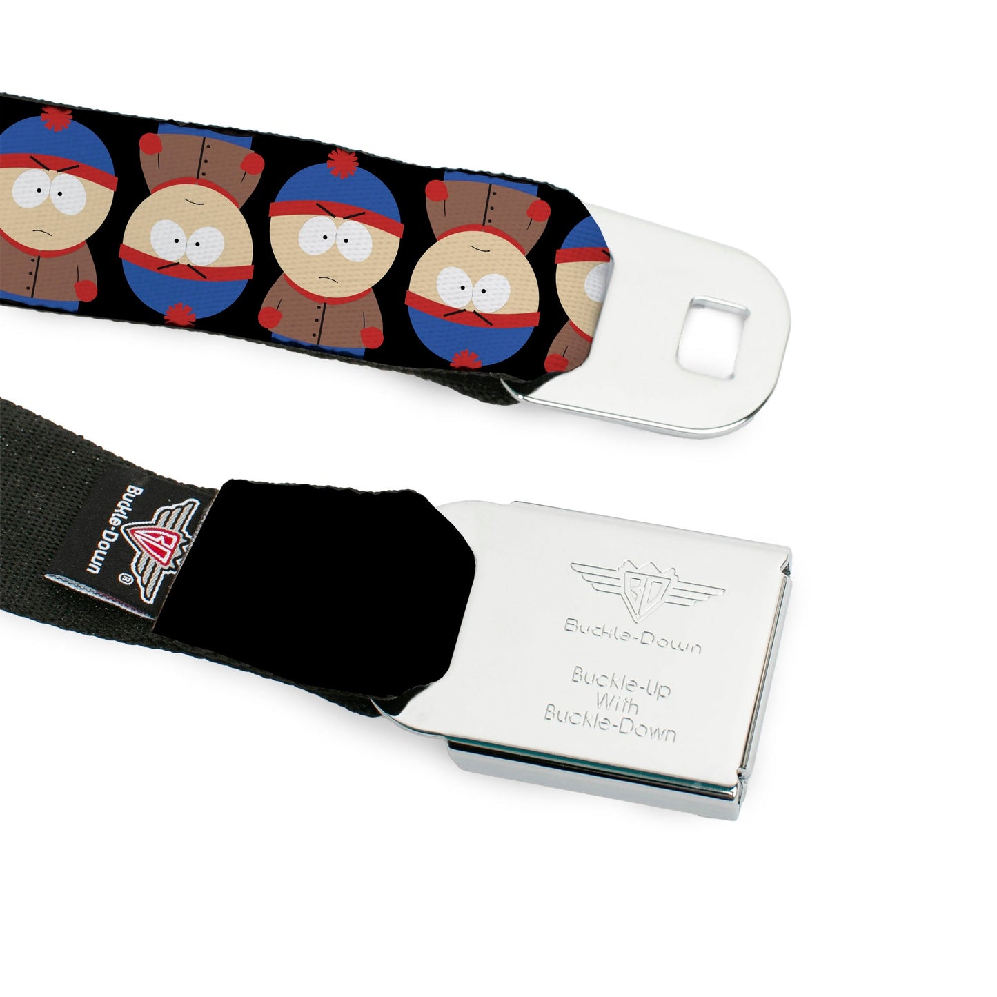SOUTH PARK Title Logo Full Color Black/White Seatbelt Belt - South Park Stan Flip Poses Black Webbing
