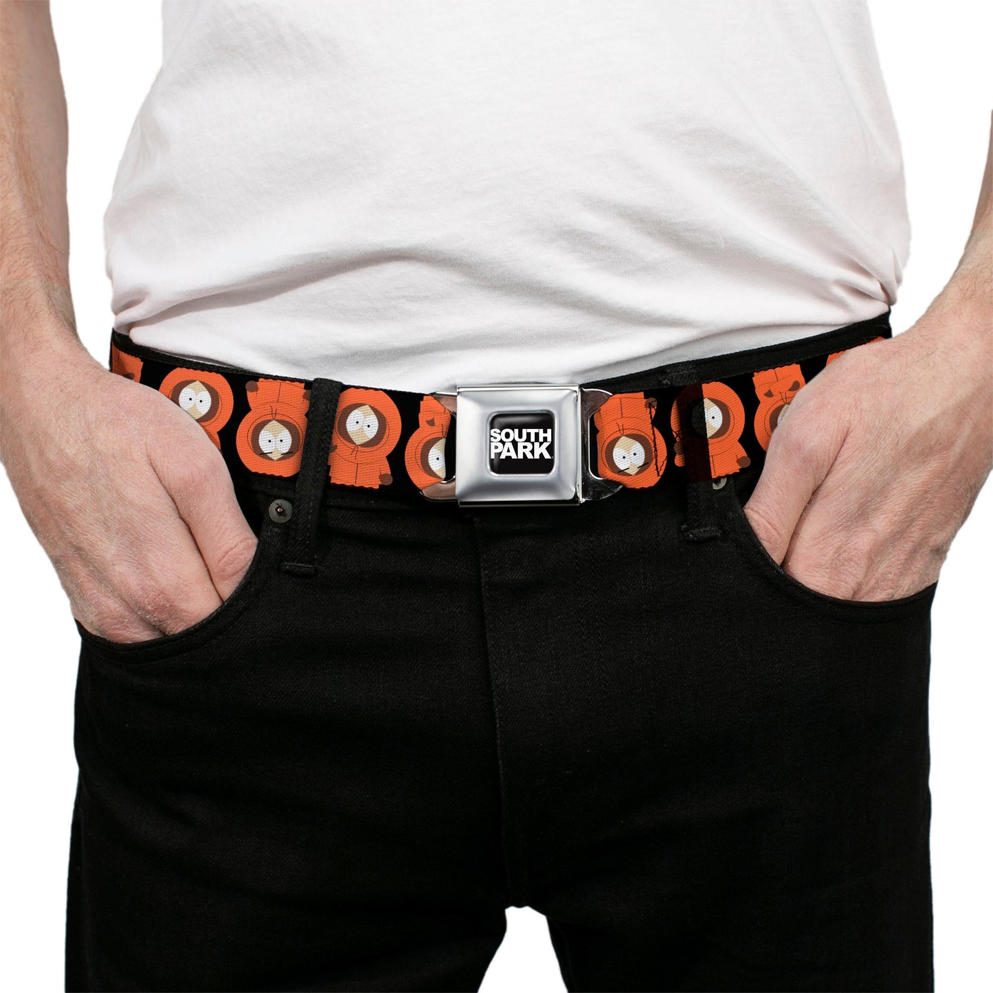 SOUTH PARK Title Logo Full Color Black/White Seatbelt Belt - South Park Kenny Flip Poses Black Webbing