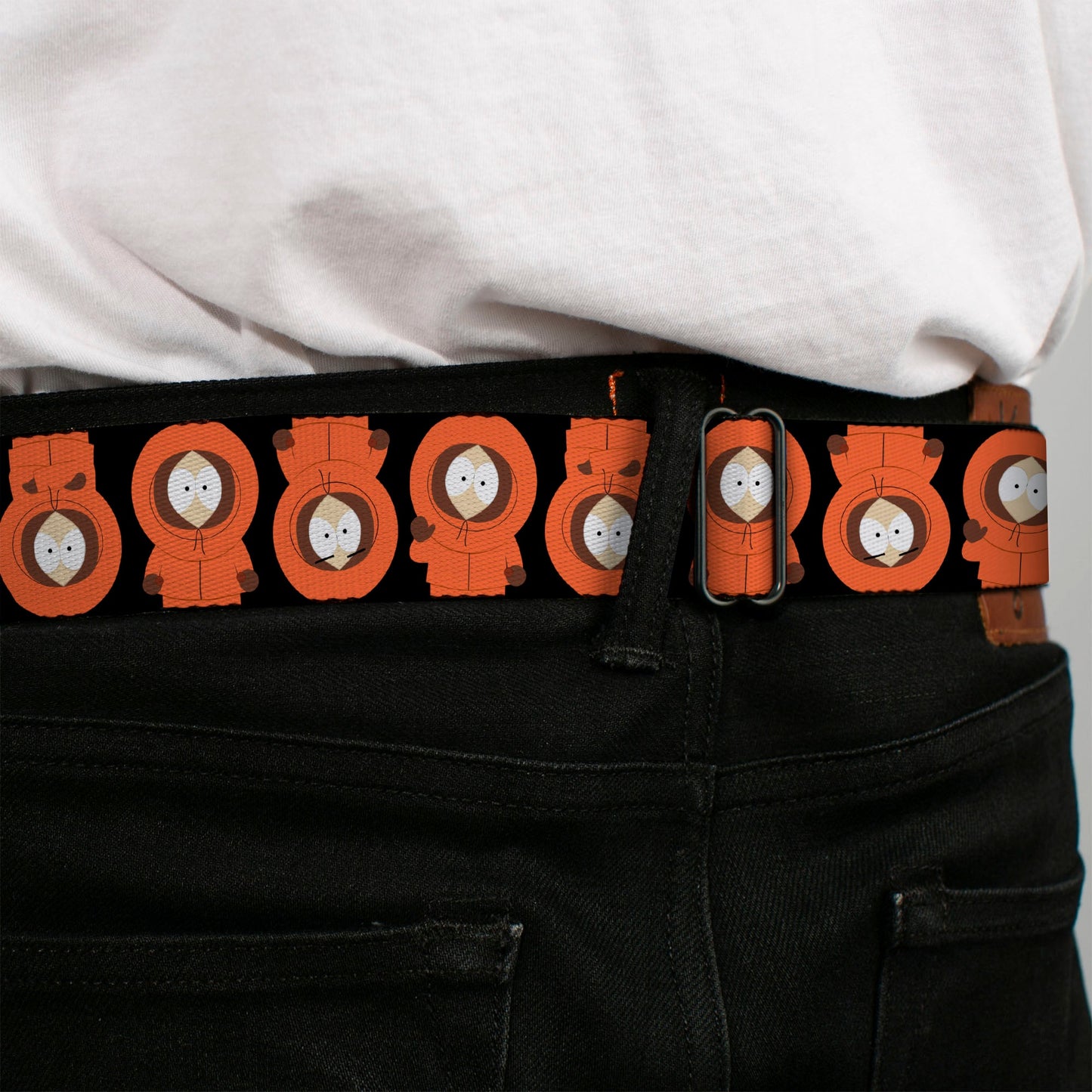 SOUTH PARK Title Logo Full Color Black/White Seatbelt Belt - South Park Kenny Flip Poses Black Webbing