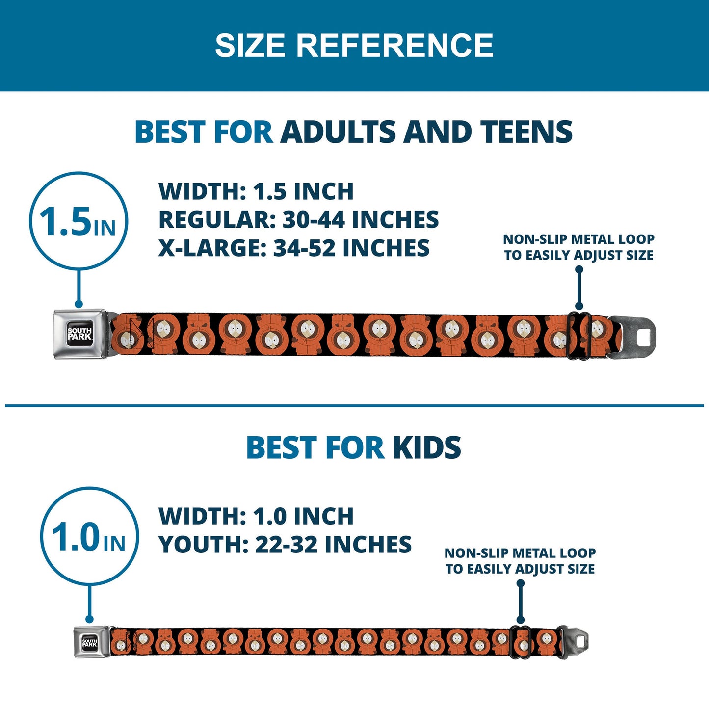 SOUTH PARK Title Logo Full Color Black/White Seatbelt Belt - South Park Kenny Flip Poses Black Webbing