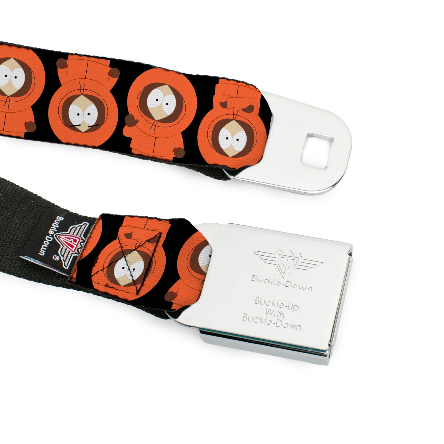 SOUTH PARK Title Logo Full Color Black/White Seatbelt Belt - South Park Kenny Flip Poses Black Webbing