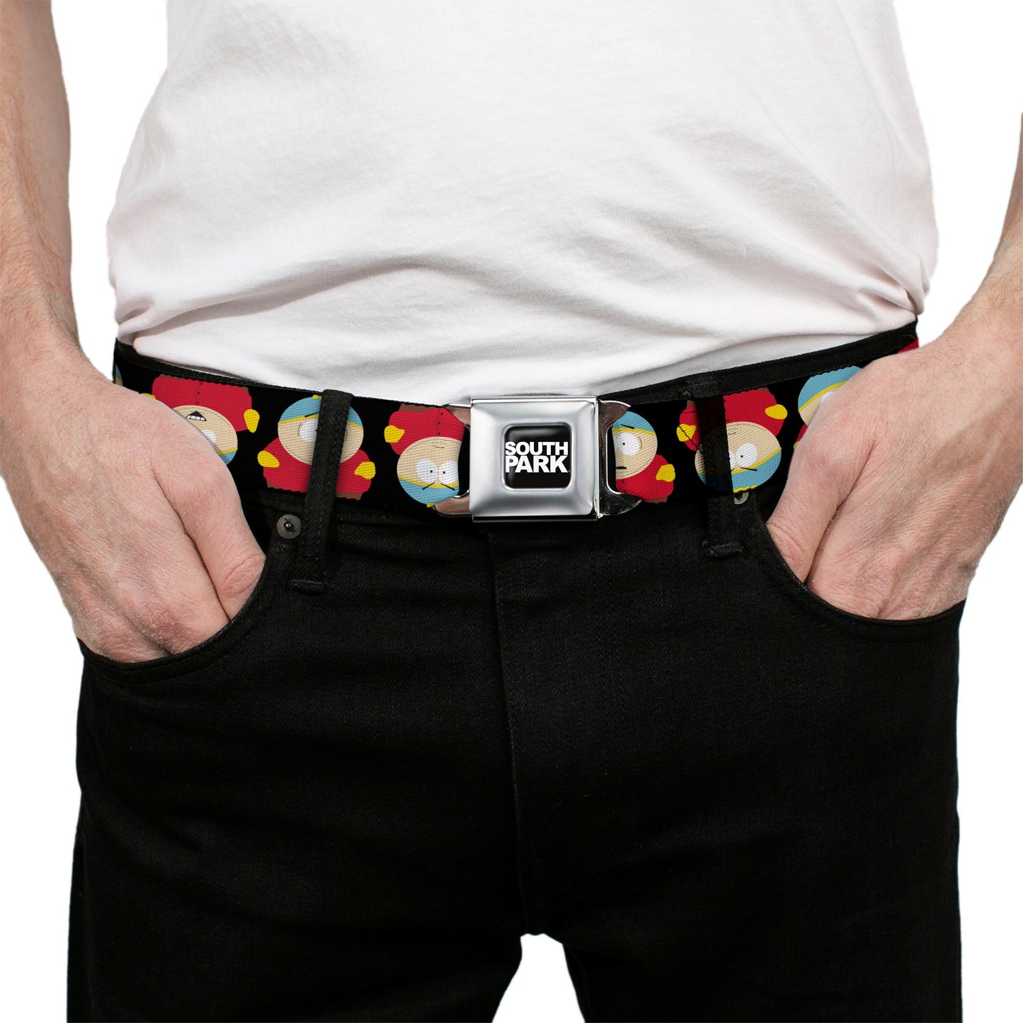 SOUTH PARK Title Logo Full Color Black/White Seatbelt Belt - South Park Cartman Flip Poses Black Webbing