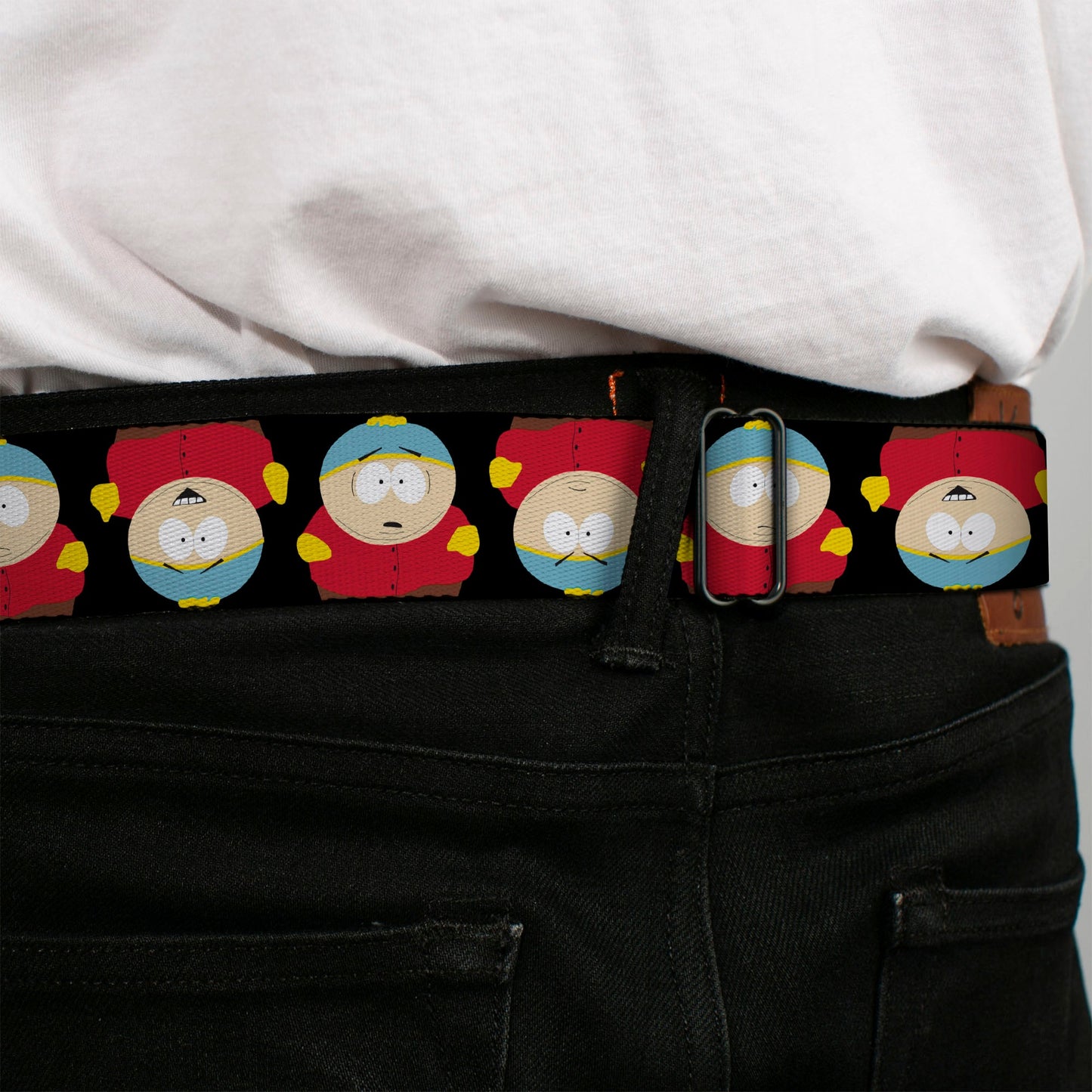 SOUTH PARK Title Logo Full Color Black/White Seatbelt Belt - South Park Cartman Flip Poses Black Webbing