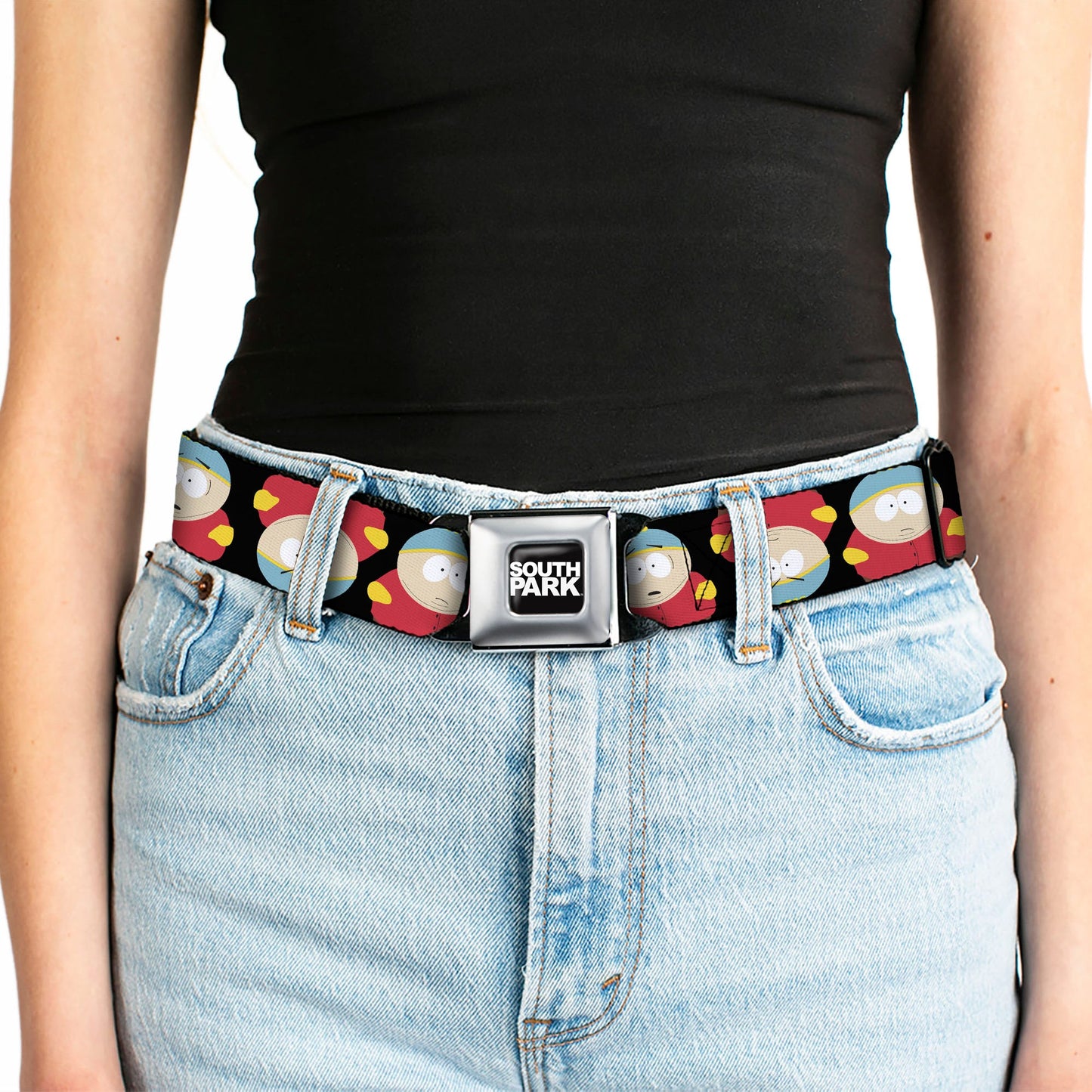 SOUTH PARK Title Logo Full Color Black/White Seatbelt Belt - South Park Cartman Flip Poses Black Webbing