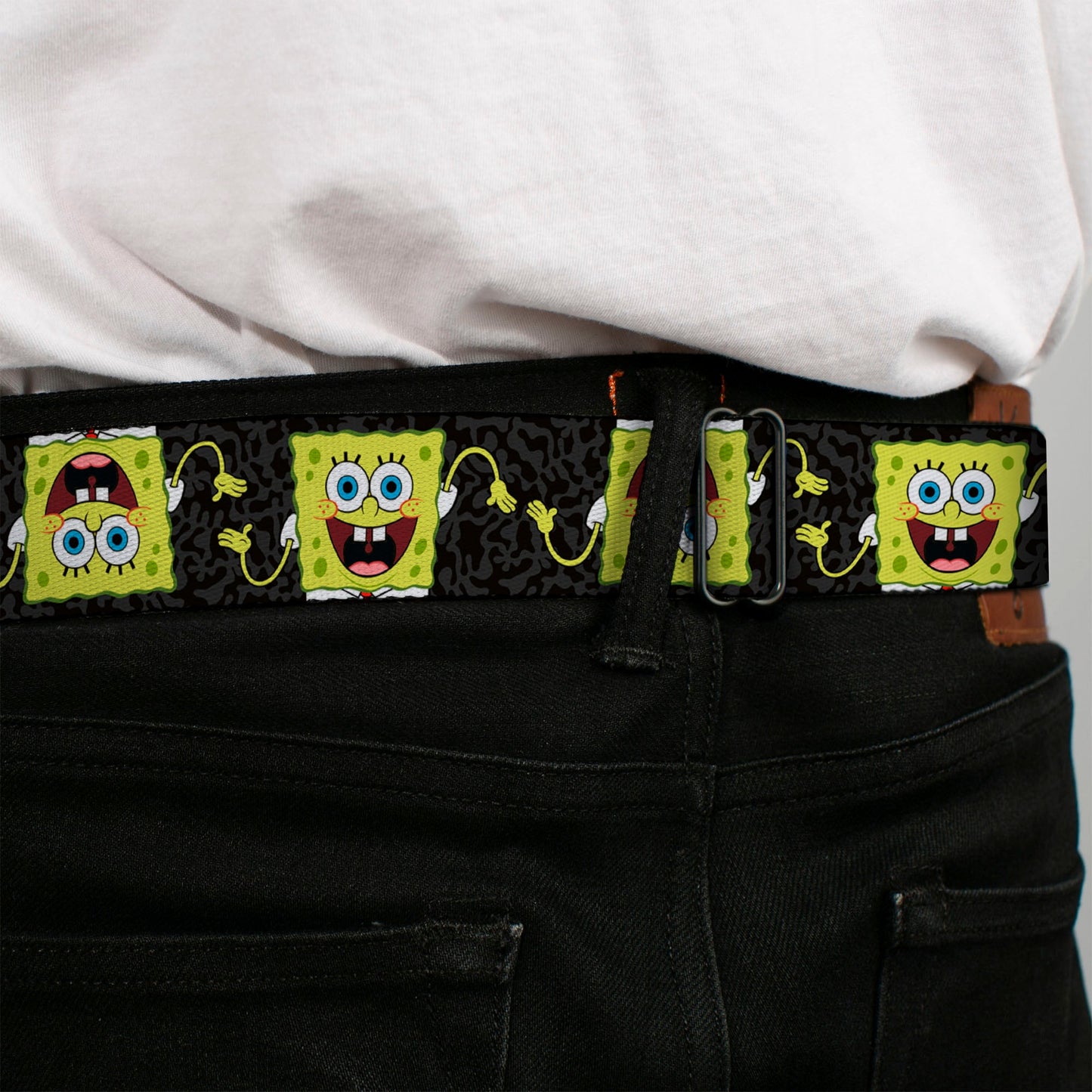 Sponge Bob Face CLOSE-UP Full Color Seatbelt Belt - SpongeBob Pose Flip/Camo Gray/Black Webbing